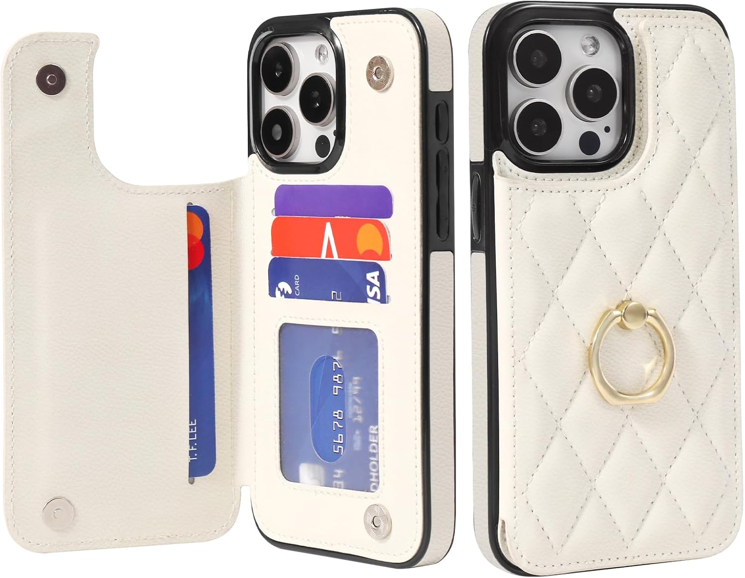 Wallet Case for iPhone 15 Pro Max with Card Holder, Ring Kickstand Card Slots Leather Case with Double Magnetic Clasp Shockproof Phone Cover 6.7 Inch 2023, Beige