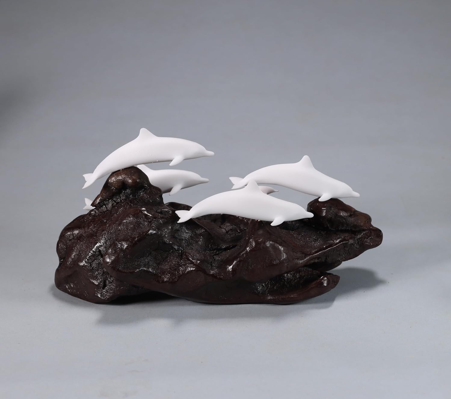 Dolphin School Sculpture by John Perry 8in Long Pellucida on Polished Burlwood Base. Signed.