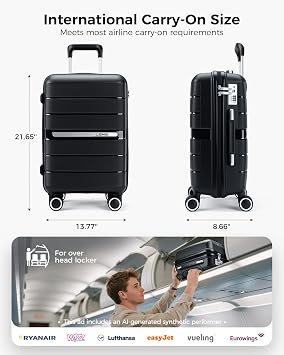 20 Inch Carry-on Luggage with Spinner Wheels, Hard Shell Suitcase with TSA Lock, Airline Approved, Rolling Suit Case for Travel Weekend Trips, Black Color