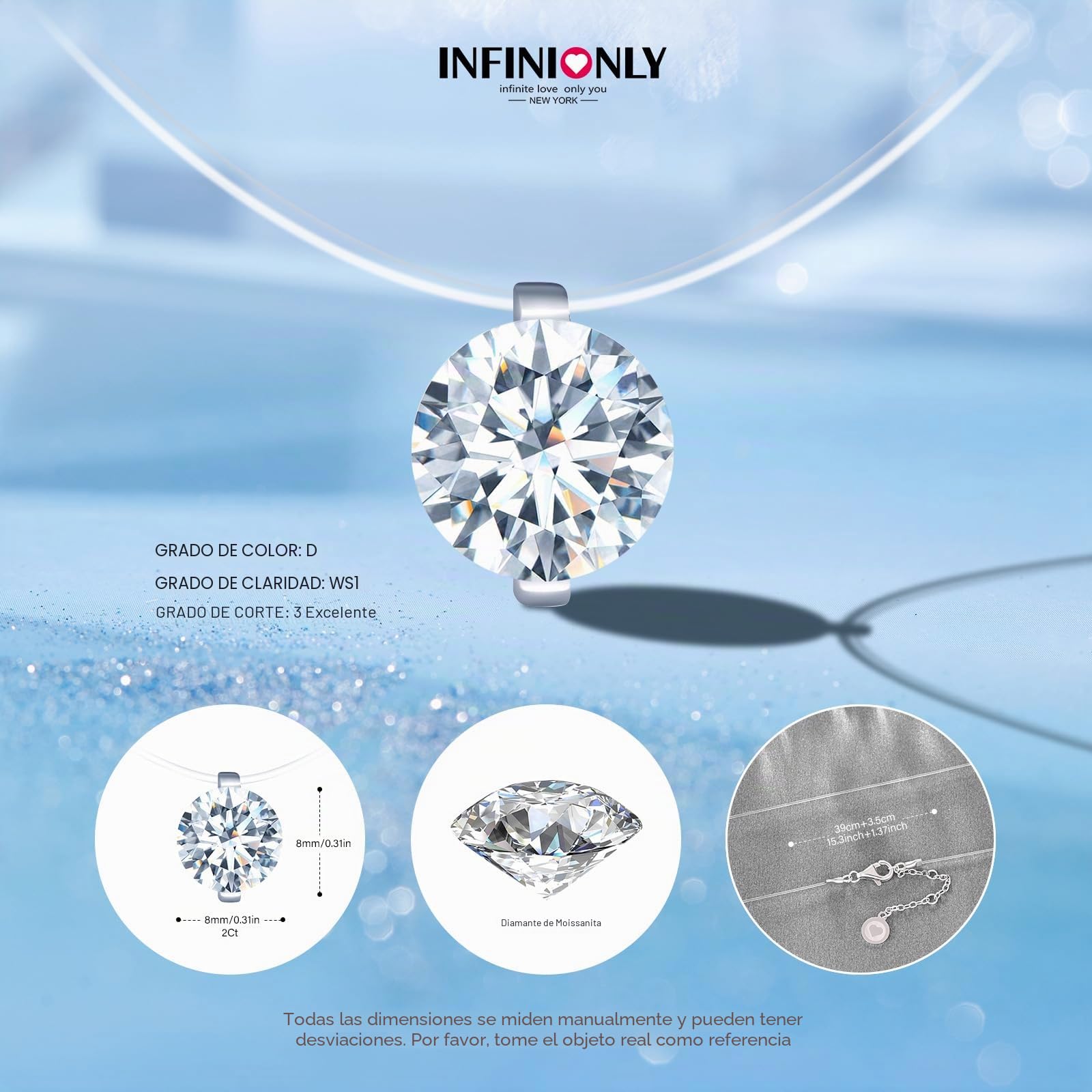 Collar de gargantilla de diamante para mujer: collare colgante de plata 925 con 2 quilates moissanita - 8mm diamante redondo de color D claridad VVS1 con certificado GRA - Joyas de boda