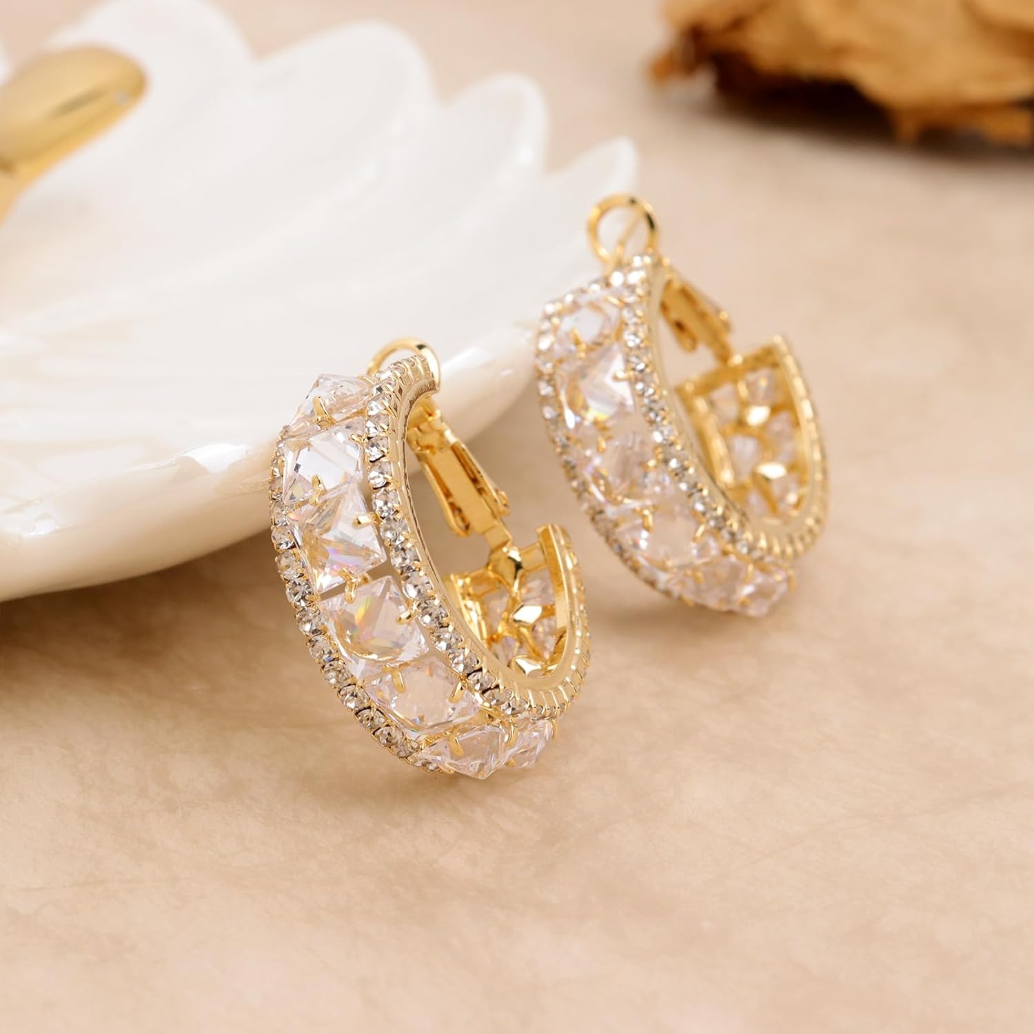 Sonateomber Gold Chunky Hoop Earrings for Women, Trendy Sparkly Cubic Zirconia Rhinestone Crystal Hinged Earings Prom Wedding Accessories Fashion Jewelry Gift - Image 6