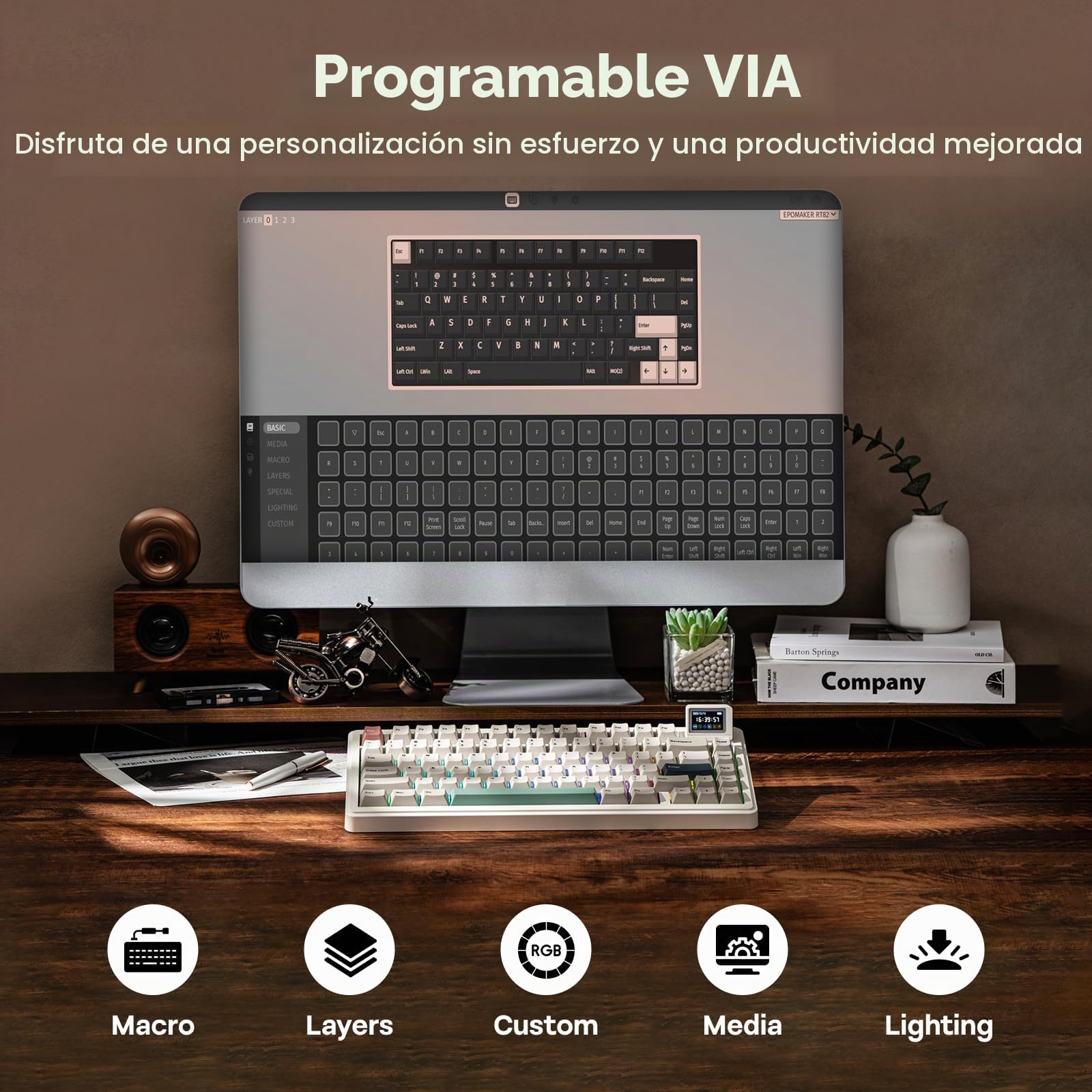EPOMAKER RT82 Teclado Mecánico Inalámbrico con Pantalla, Creamy Jade | Personalizable con VIA, 2.4GHz/USB-C/BT5.0, RGB, Gasket, Amortiguado de 5 Capas, Teclas PBT, Hot-Swap, US ANSI