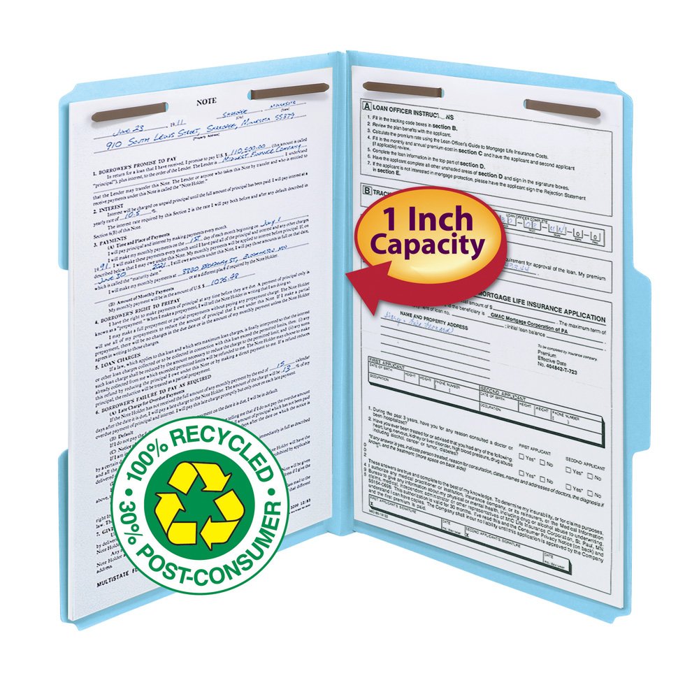 Smead Schnellhefter aus 100% recyceltem Presskarton, 2 Verschlüsse, 1/3-Schnittlasche, 2,5 cm Erweiterung, legale Größe, Blau, 25 Stück pro Box (20000)