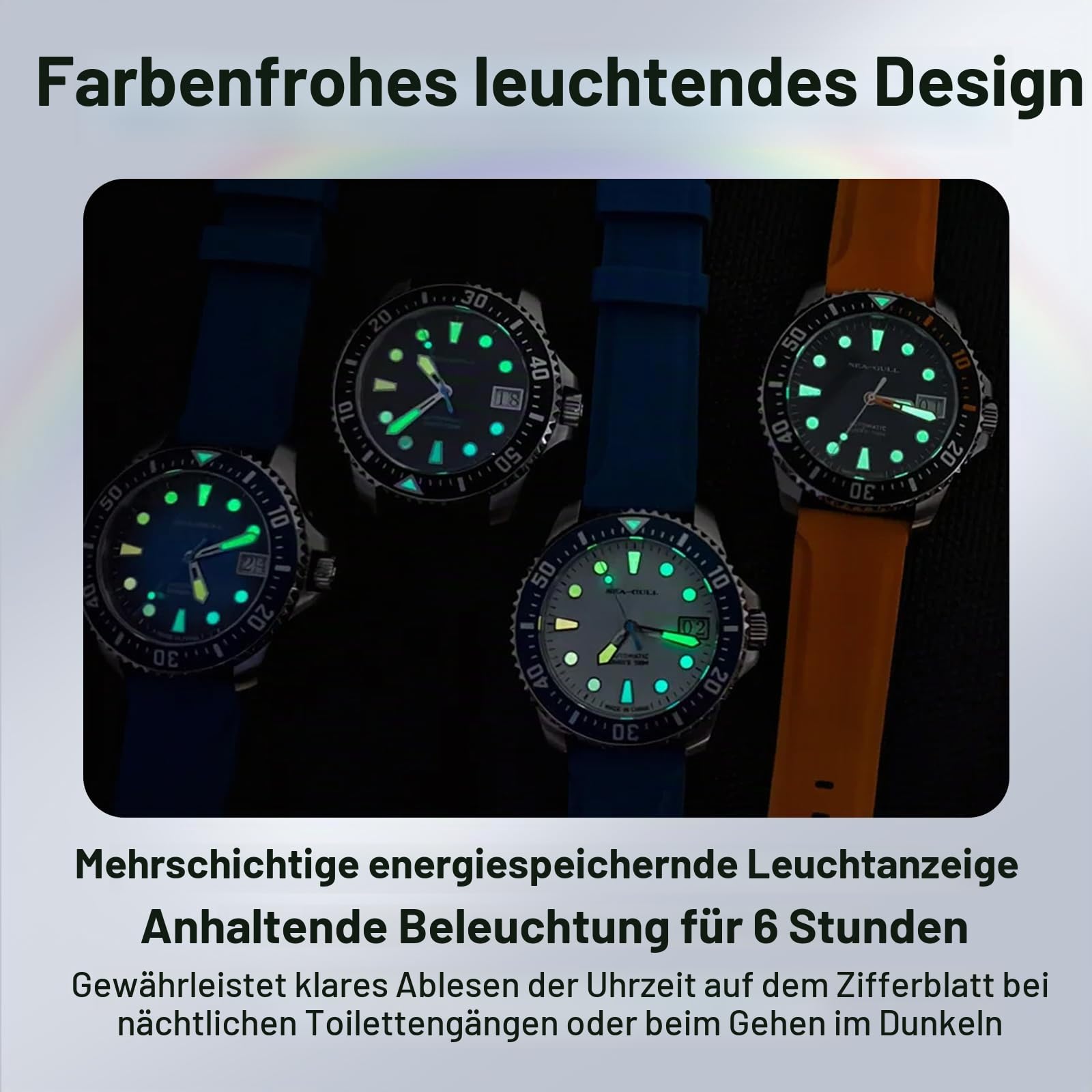 SEA-GULL Automatische Taucheruhr für Herren, 100 m wasserdicht, mechanische Armbanduhr mit bunten Markierungen, synthetisches Saphirglas, Silikonband