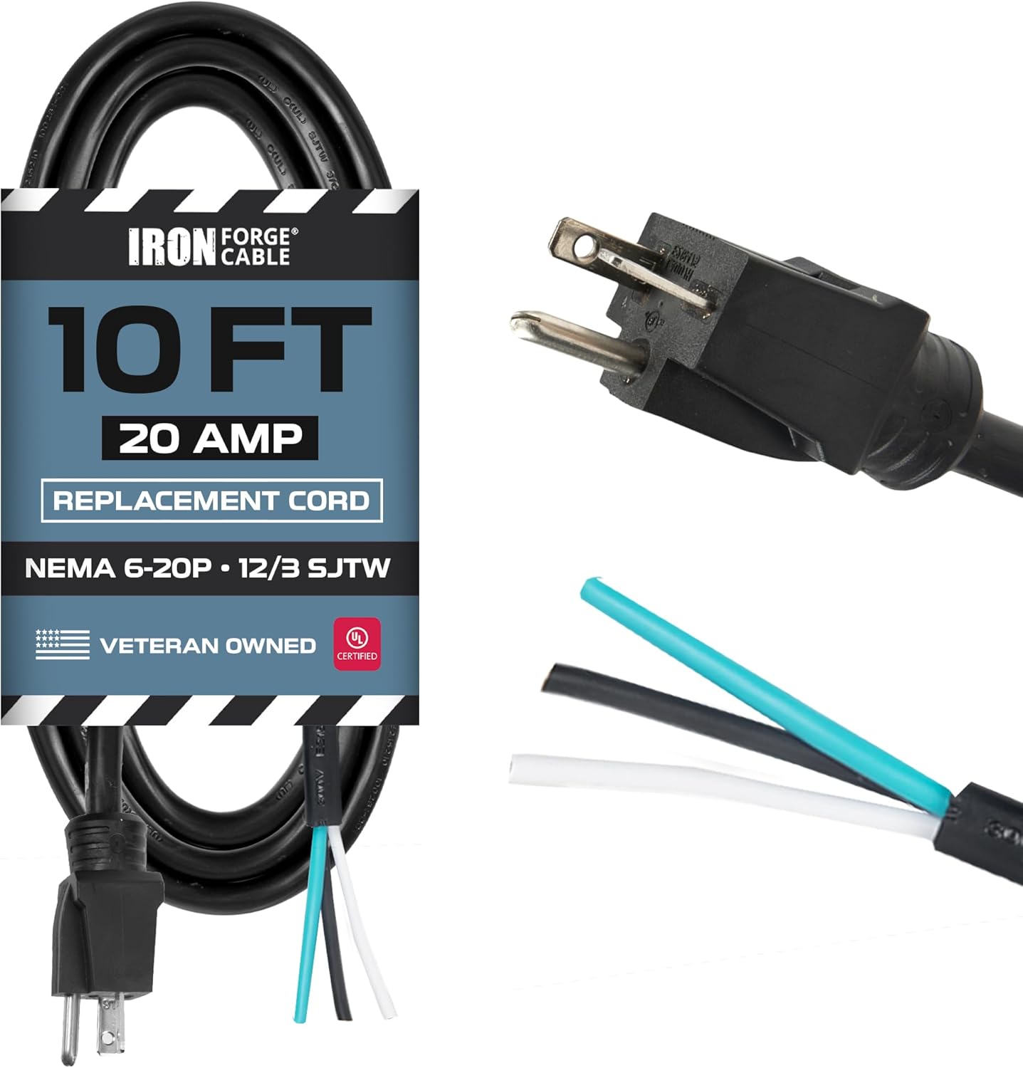 Iron Forge Cable NEMA 6-20P Replacement Power Cord 10 ft - 20 Amp Extension Cord Heavy Duty Outdoor 12 Gauge SJTW 250V