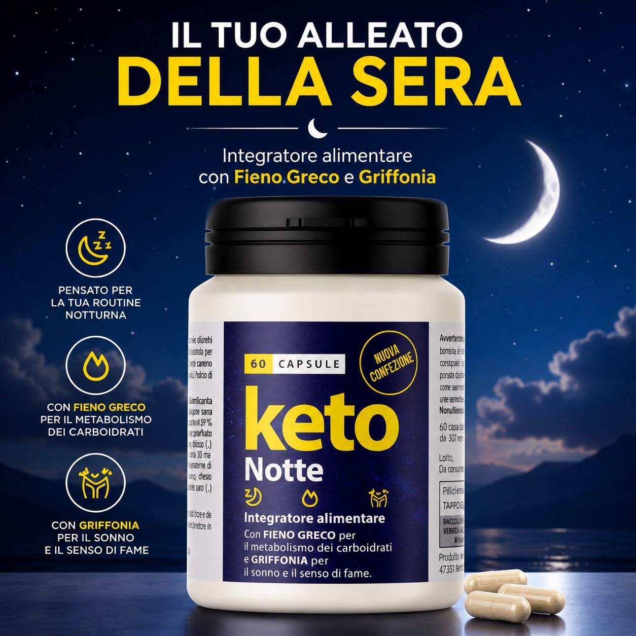 Keto Notte Integratore Alimentare Notturno 120 Capsule da 500mg | Supporto Dieta e Benessere Notturno, Con Griffonia, Con Matè, Con Trifoglio Rosso