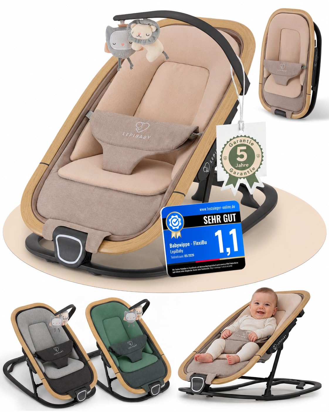 Babywippe Neugeborene, 0 bis 12 Monate, Baby Wippe, Baby Bouncer | Faltbarer Baby Rocker, Babyschaukel mit Spielbogen, Verstellbare Babywiege, Baby Schaukel leicht waschbar, FlexiBu Beige