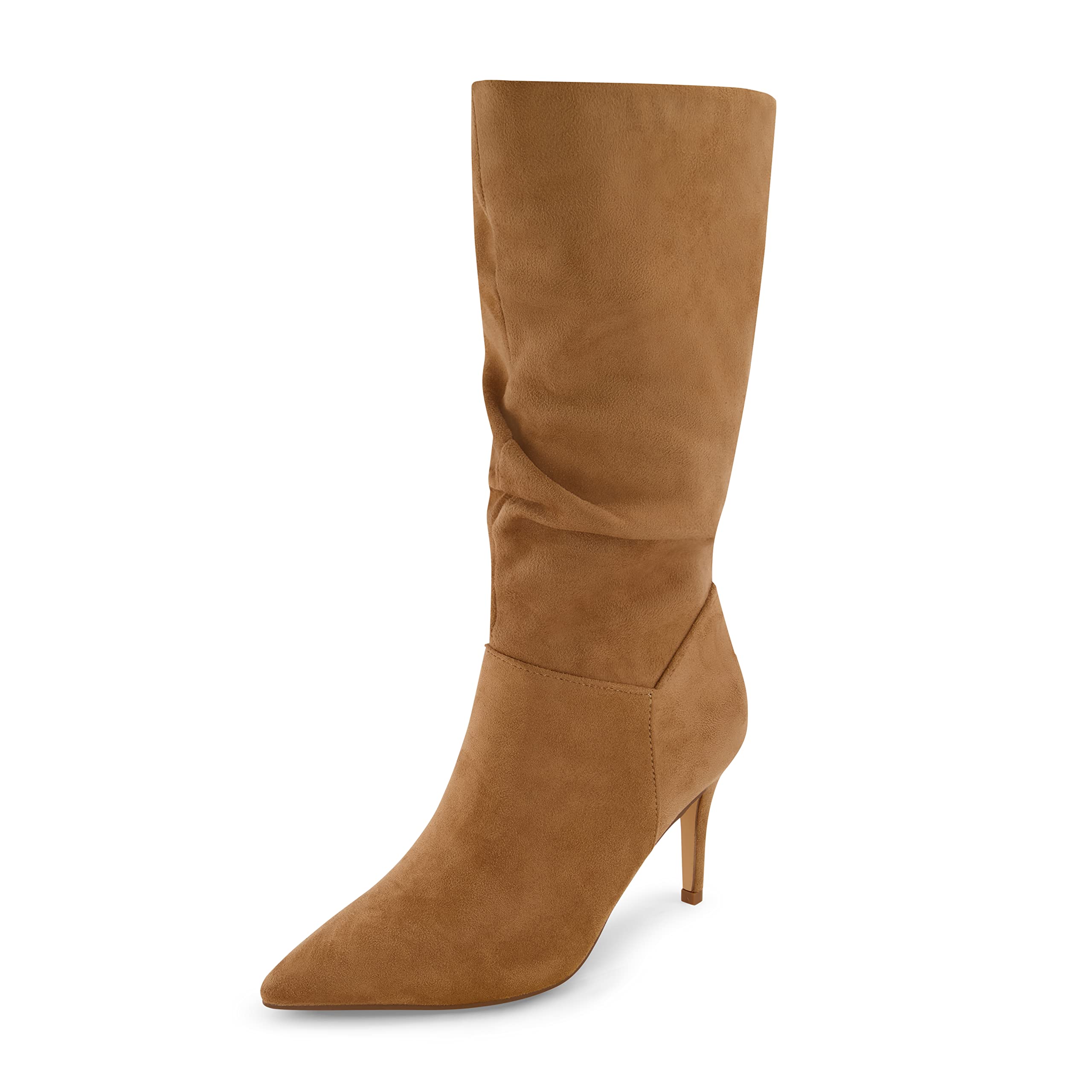 CUSHIONAIRE Women's Porsha Slouchy Vegan Suede Mid-Calf Scrunch Boot with Pointed Toe, Memory Foam & 3-Inch Heel | Wide Widths Available