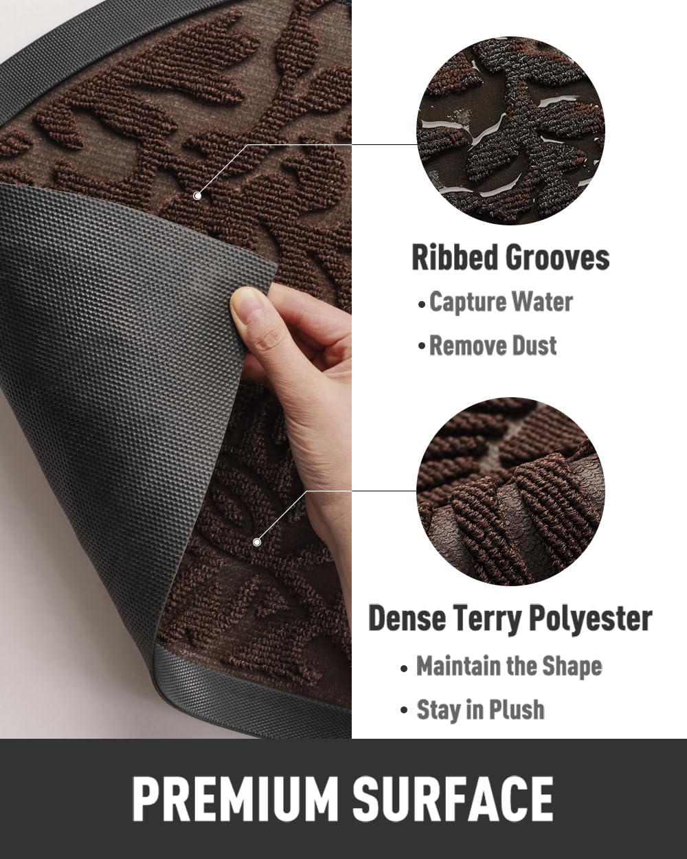 tchdio Zerbino mezzo rotondo per porta d'ingresso, in gomma antiscivolo, per ingresso esterno, a basso profilo, resistente, facile da pulire, per tutte le stagioni, 43 x 76 cm, marrone
