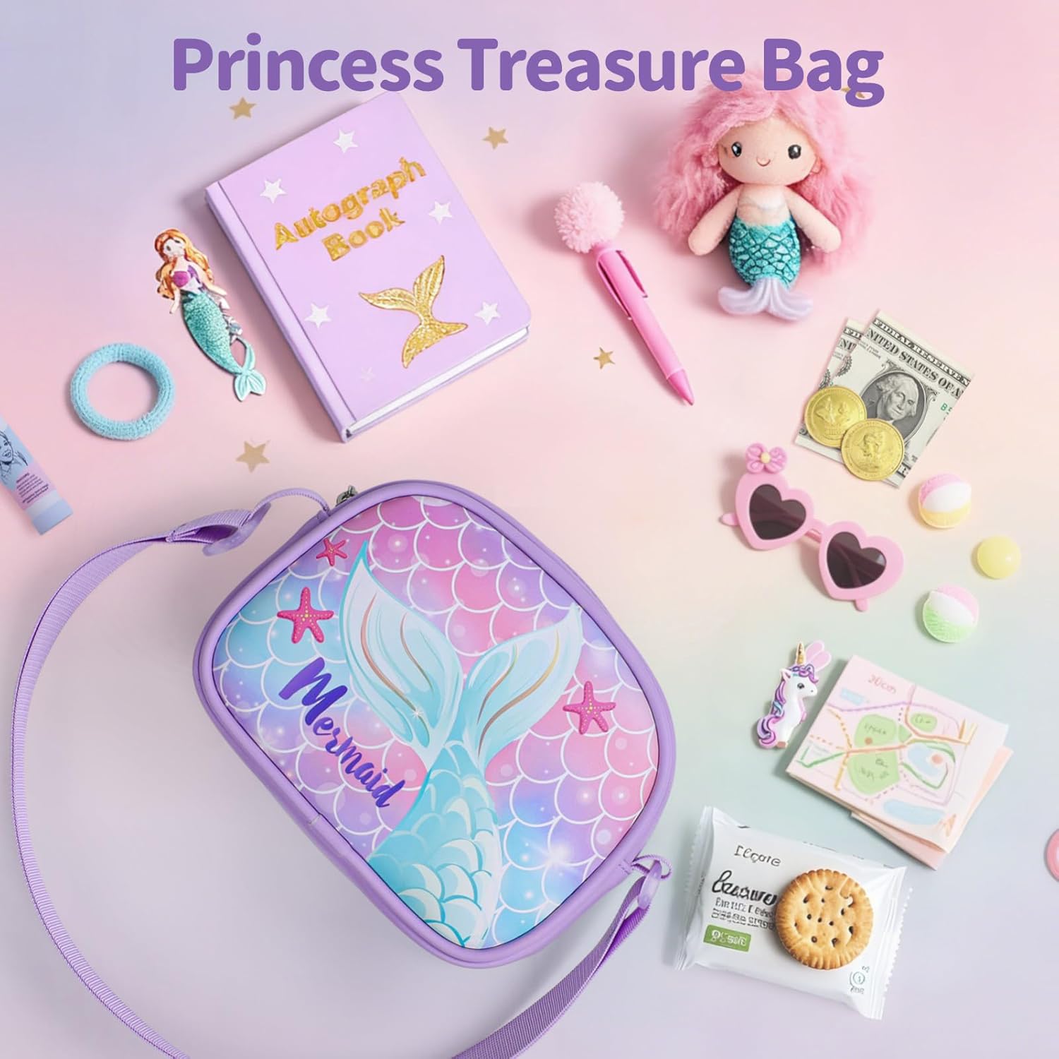 Girls Purse with Gift Box - Cute Toddler Purse for 3 4 5 6 7 8 Year Old Girls Birthday Christmas Gifts Kids Crossbody Bag with Adjustable Strap, Purple Mermaid - Image 5