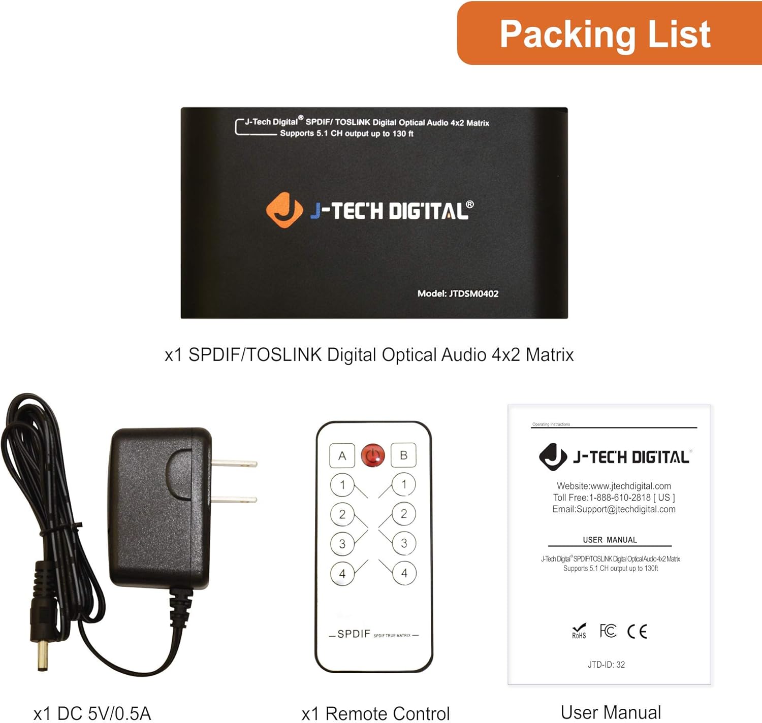 Contents of the J-Tech Digital SPDIF TOSLINK Digital Optical Audio 4x2 Matrix package