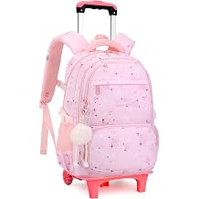Pink Star Print Rolling Backpack for Girls Kids Backpack with Wheels Roller Bookbag Trolley School Bag Wheeled Bag