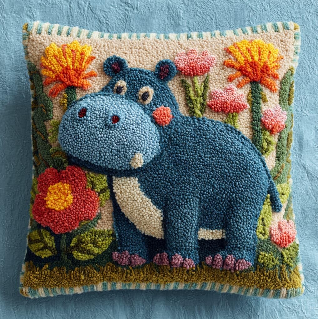 AxiangziK Latch Hook Crochet Cushion Kit,Hippopotamus and Flower