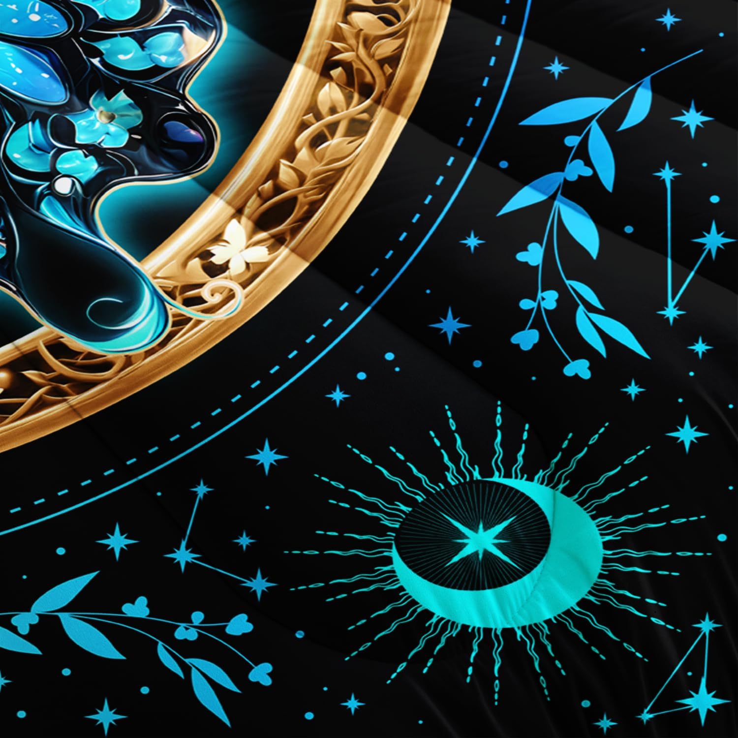 Butterfly Boho Bedding Sets, Twin Size, Blue Gold Sun and Moon Printed Comforter Bedding Sets for Kids Teens Girls Room Decor, Aesthetics Butterfly Comforter Sets with 2 Pillowcases