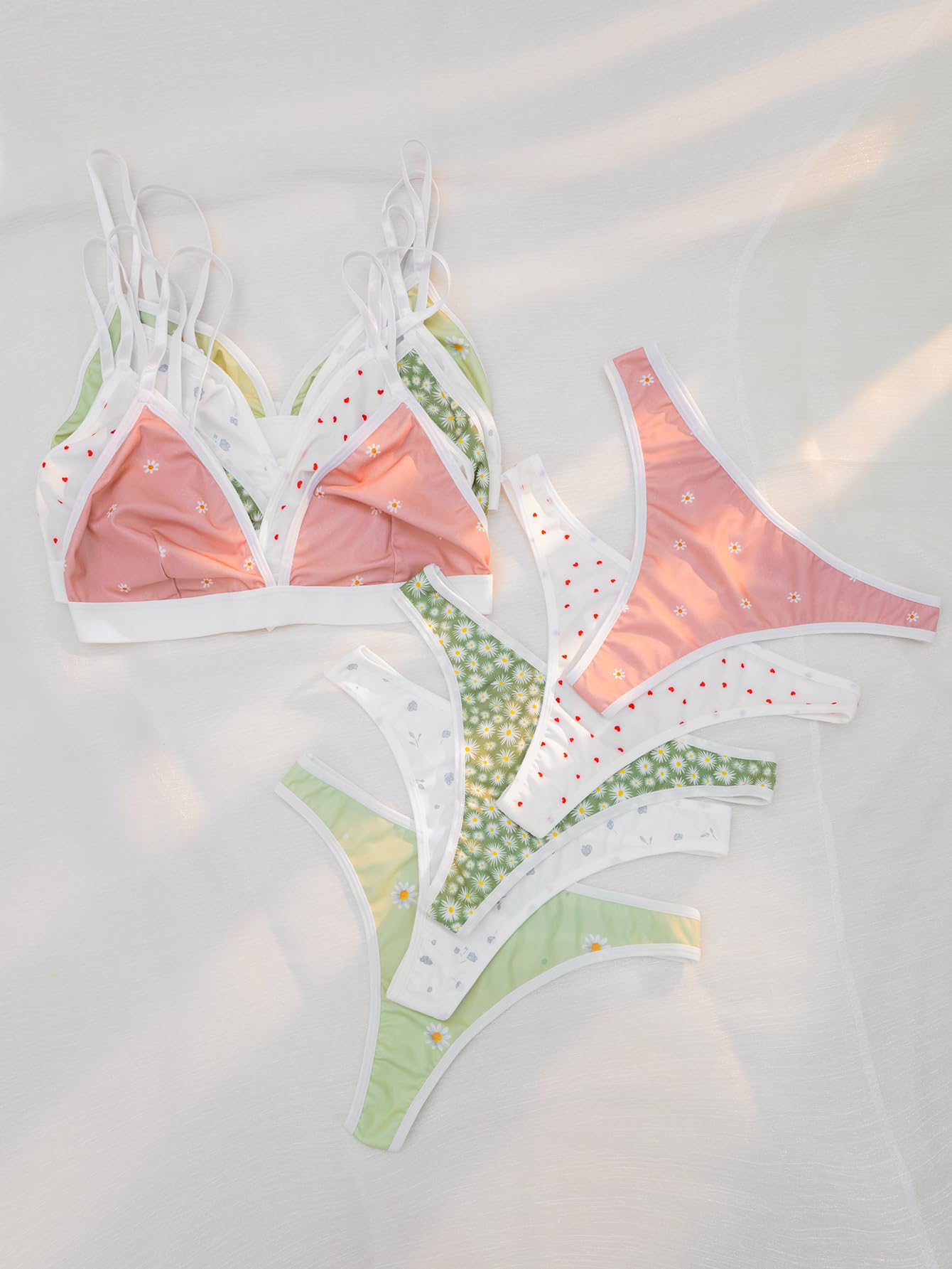 BEAUDRM Women's 5 Sets Matching Bra and Panty Set Polka Dots Print Lingerie Set Triangle Bralettes and Low Rise Thong Set