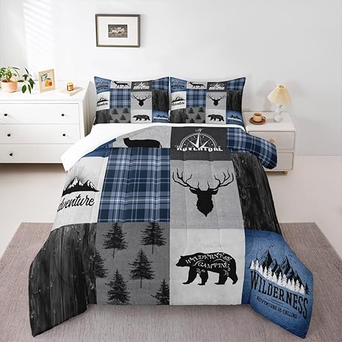 Miniatura 5 de Juego de edredón para niños, diseño de oso de ciervo, astas, juego de ropa de cama de aventura de caza para niños, niñas, adultos, decoración de