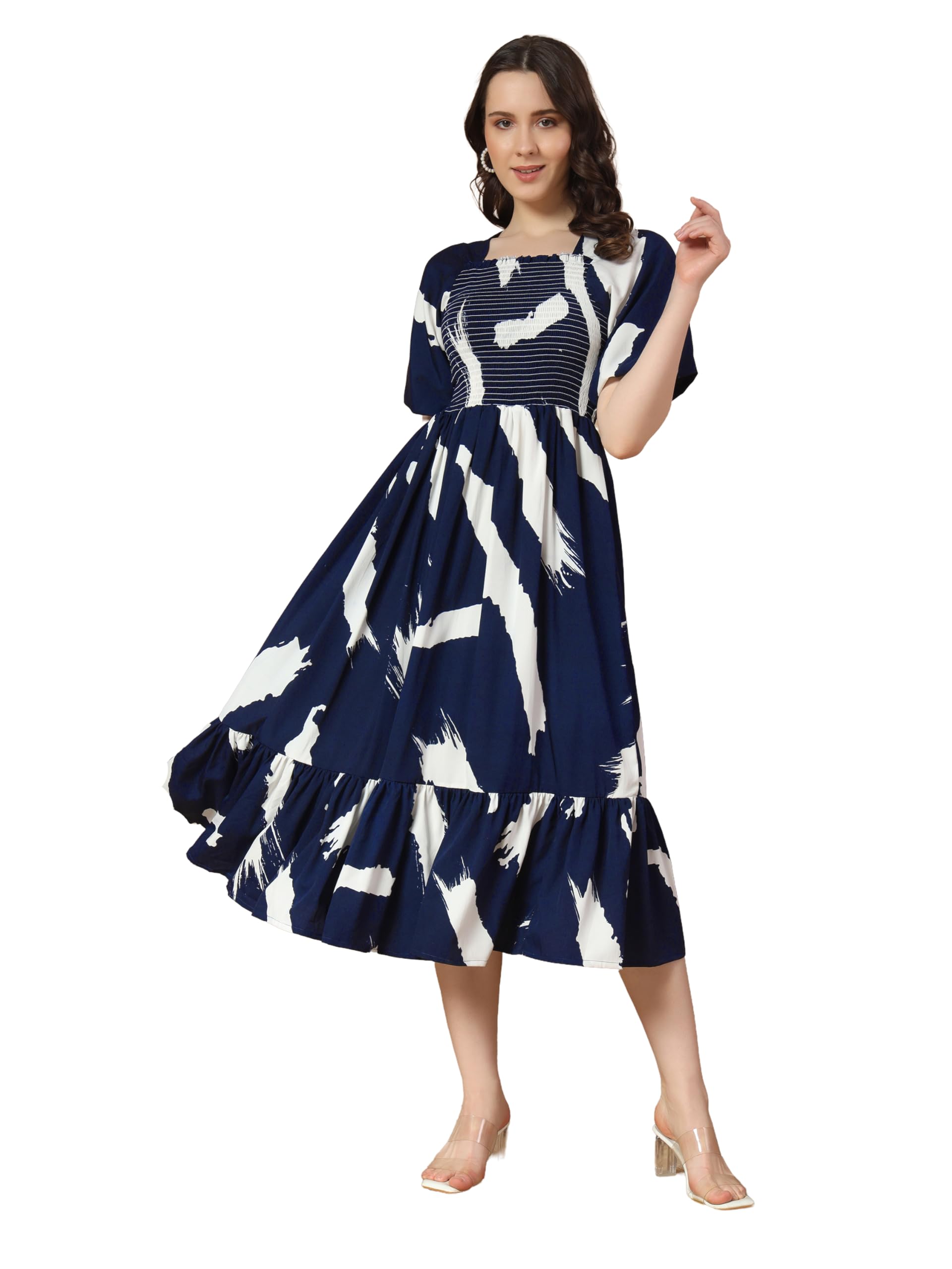 Kzully Women's Crepe A-Line Midi Dress (1001-Brush-Navy Blue-L_Dark