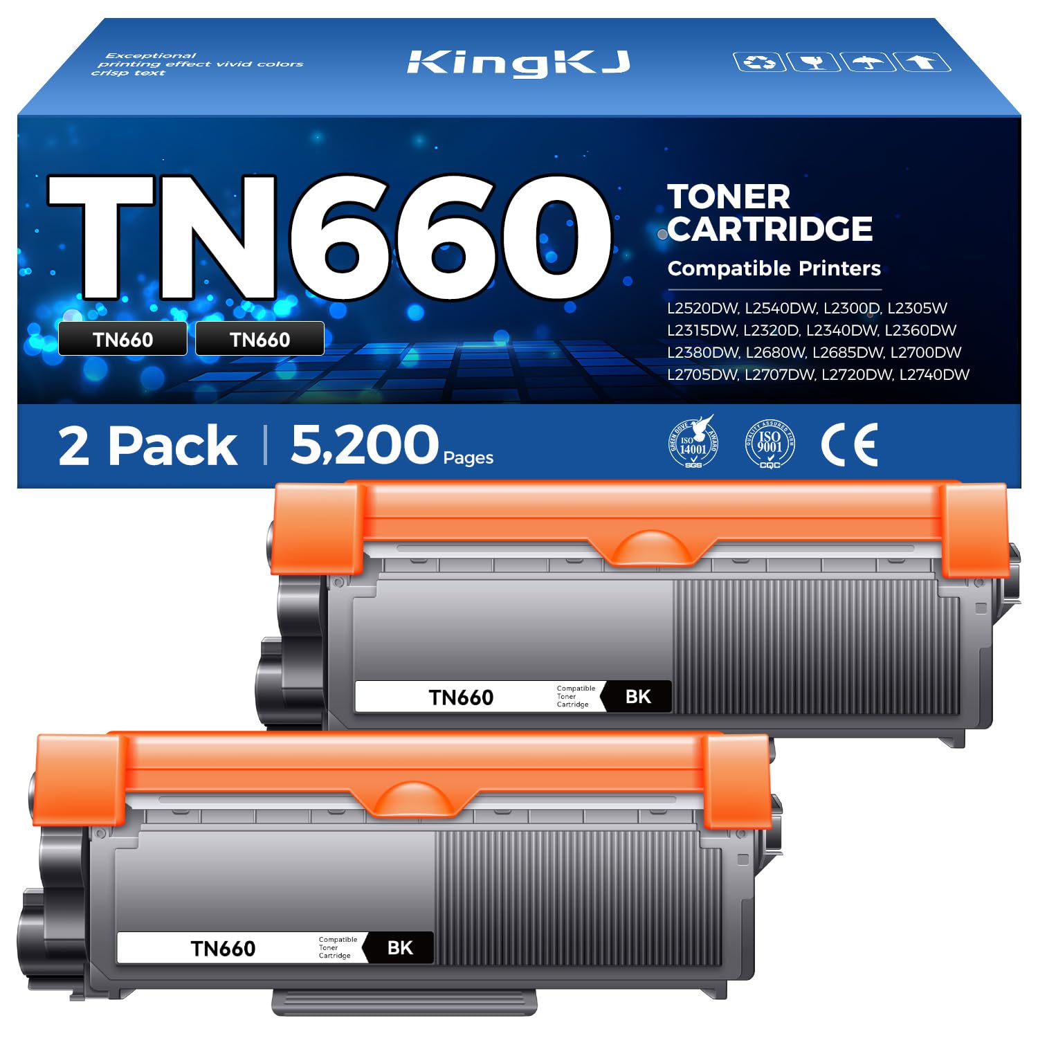 TN660 Black Toner Cartridge 2-Pack Replacement Compatible for Brother TN-660 TN630 Toner HL-L2380DW HL-L2320D HL-L2340DW DCP-L2540DW MFC-L2700DW