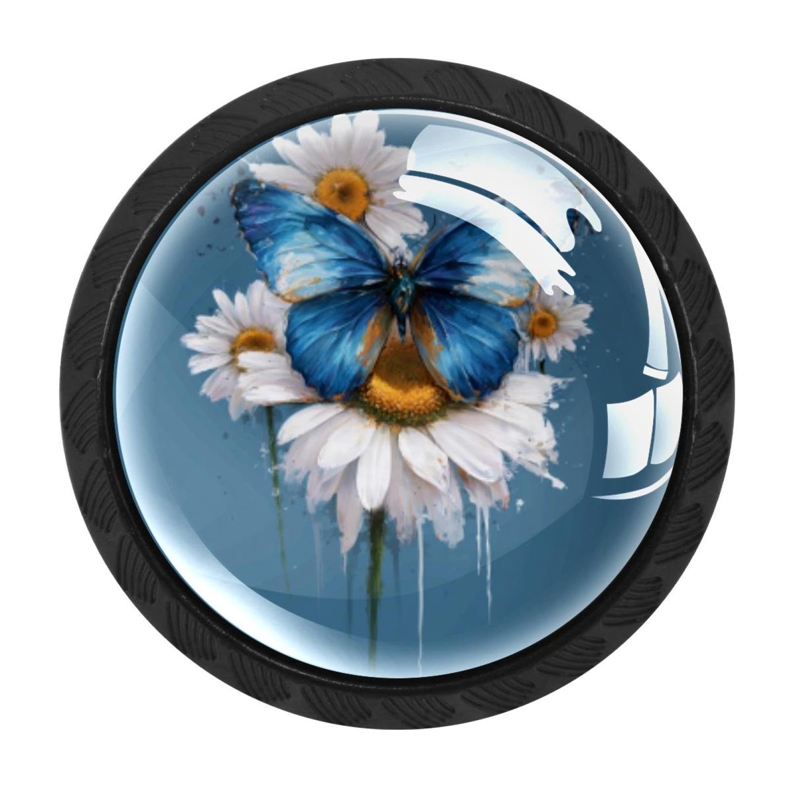 CHENZZZZ 4 Pack Daisy Butterfly Blue (2) Dresser Drawer Cabinet Knobs Round Crystal Glass Knobs Pulls Handles for Kitchen Wardrobe Cupboard Door Hardware
