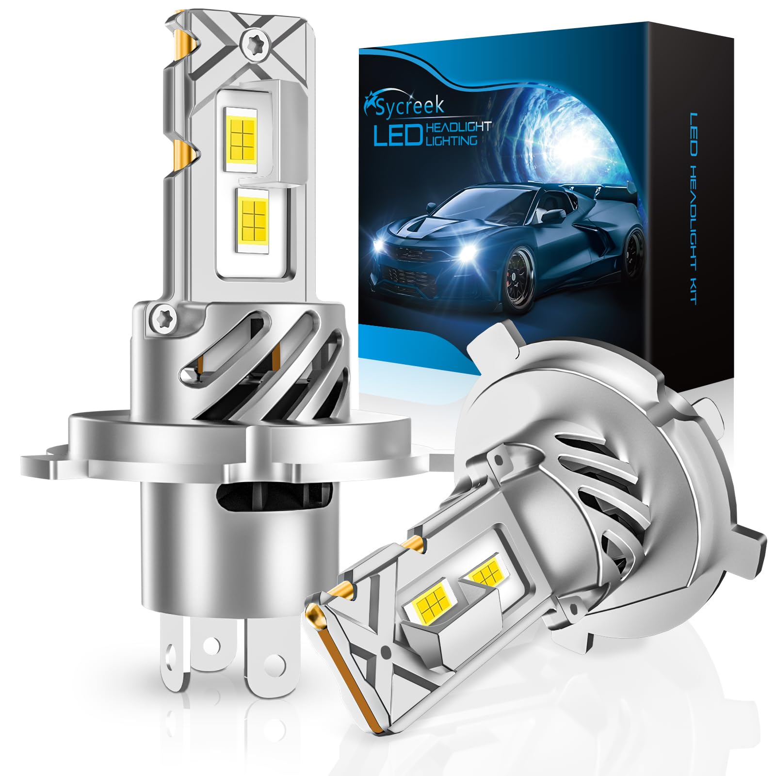 Sycreek H4 LED 32000LM 6500K Blanco Frío, Bombilla LED H4 con Ventilador de 20000 RPM, Faros para Coche con 600% de Luminosidad, Diseño Mini 1:1, Plug and Play