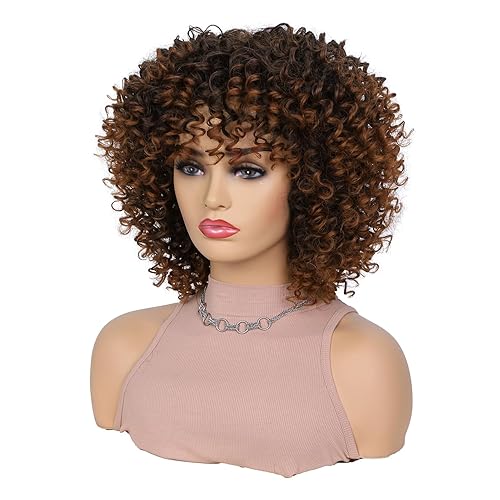 Miniatura 9 de Lady Hanne Peluca rizada afro con flequillo, pelucas afro rizadas cortas para mujeres negras, 12 pulgadas, pelucas rizadas sintéticas marrón