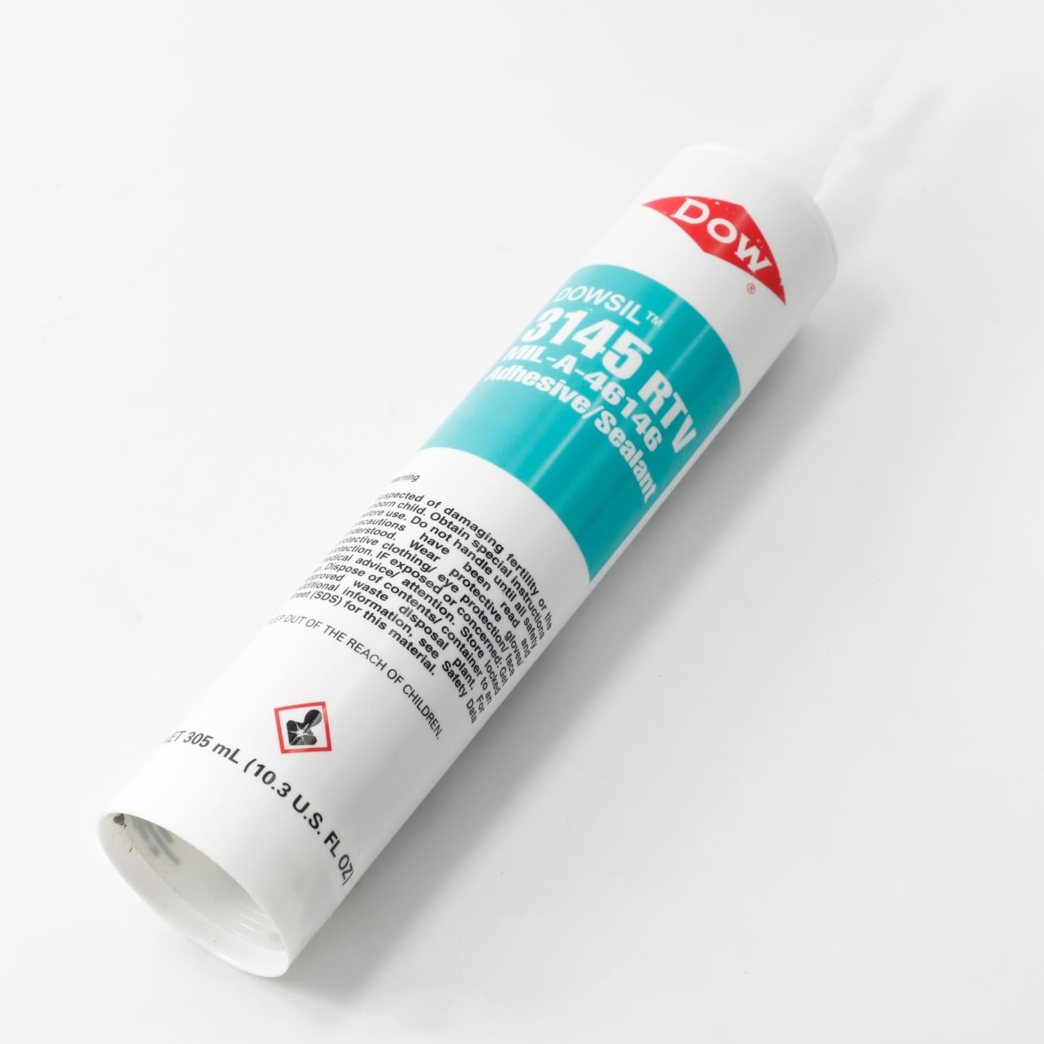 Dowsil 3145 RTV Adhesive Sealant tube with a white nozzle, viewed from above and slightly angled
