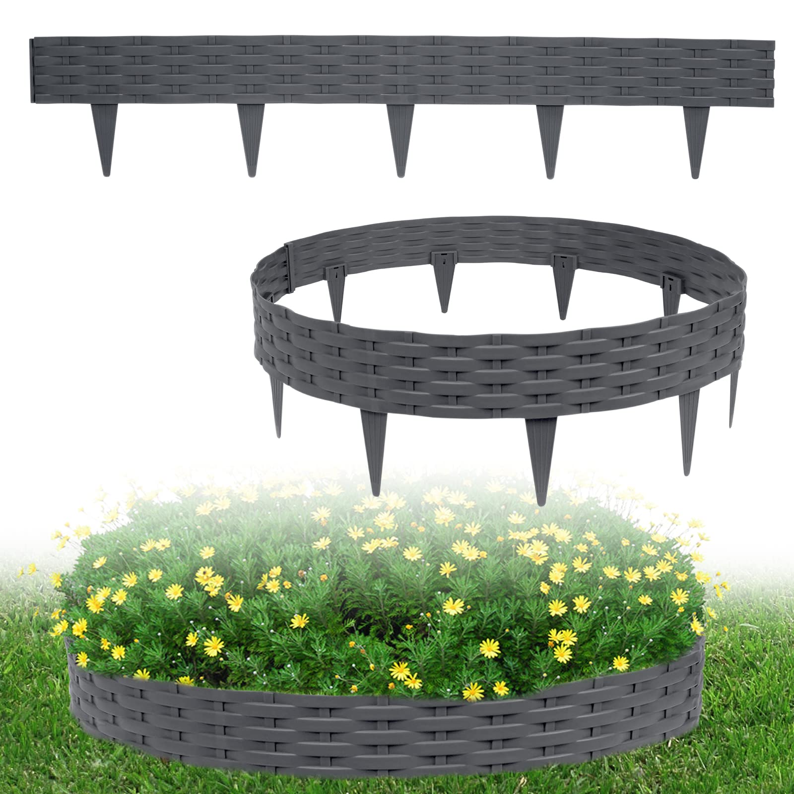 LARS360 Borde de césped de 10 m en imitación de ratán con 10 elementos de 100 cm de plástico flexible en diseño de ratán, cercado para bancal, palisade de jardín (10 unidades, antracita)