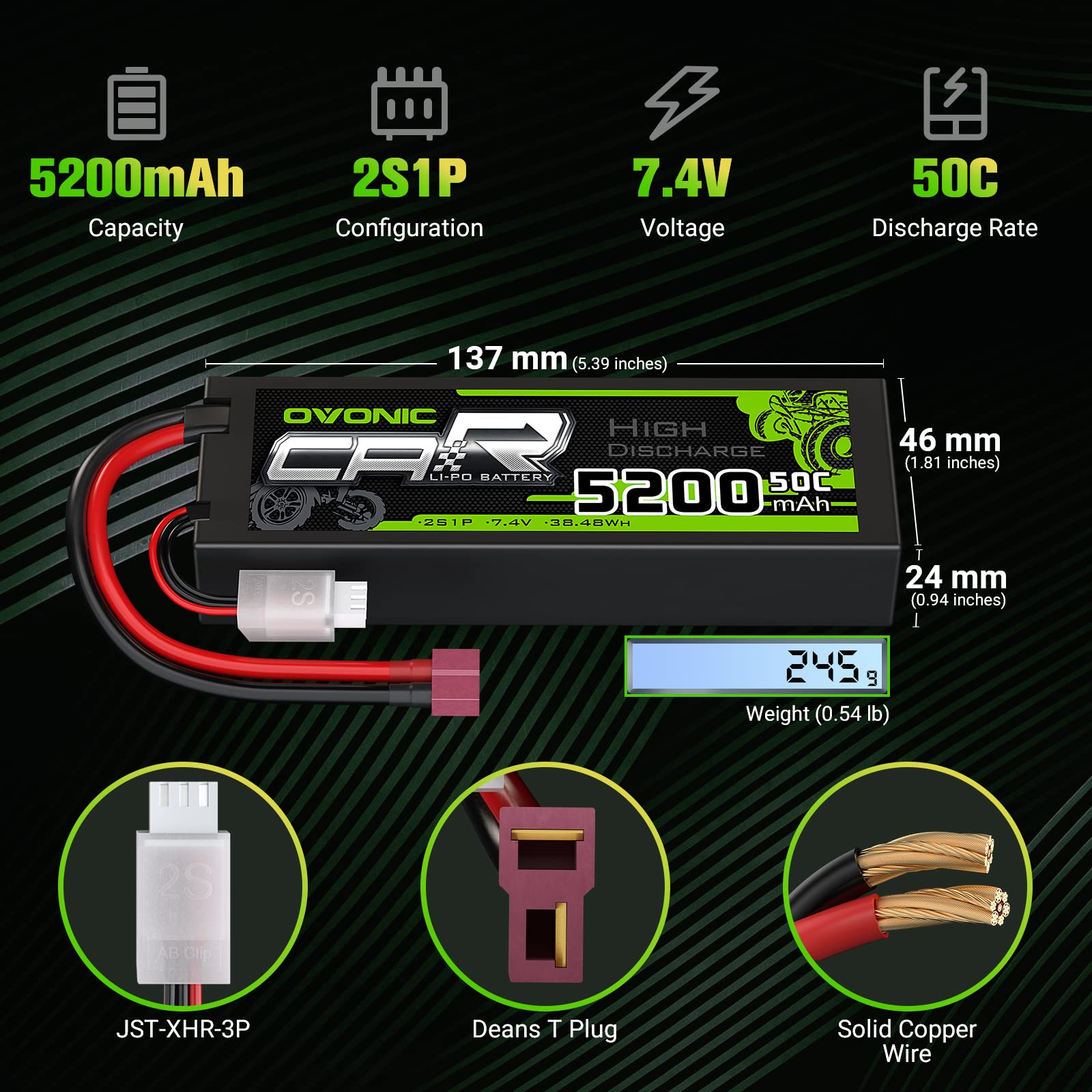 OVONIC Batterie Lipo 2S 7,4 V 50 C 5200 mAh avec connecteur T Deans Style pour voiture RC et camion (2 pièces)