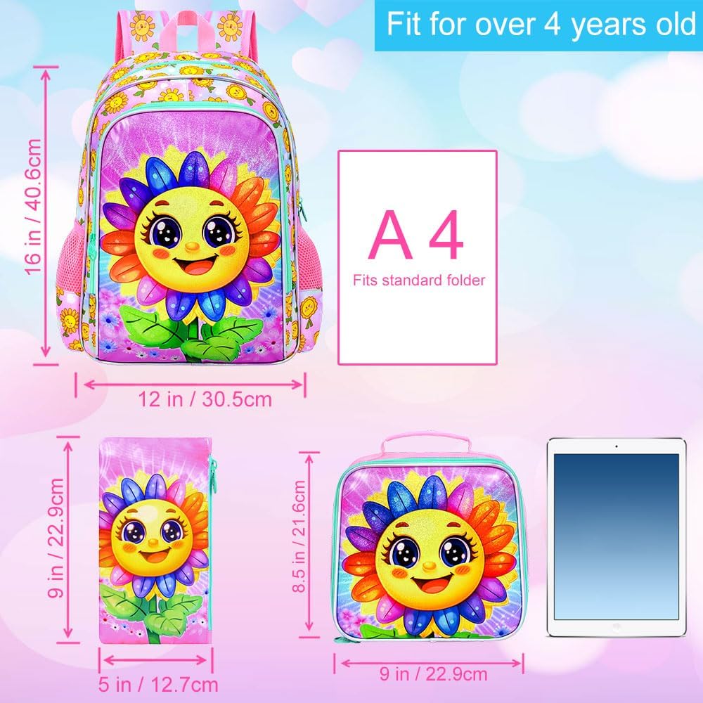 3PCS Kids Smiling Sunflower Bookbag, 16" Girls Bookbag with Lunch Box, Water Resistant Elementary School Bag for Prechool Toddler - Image 4