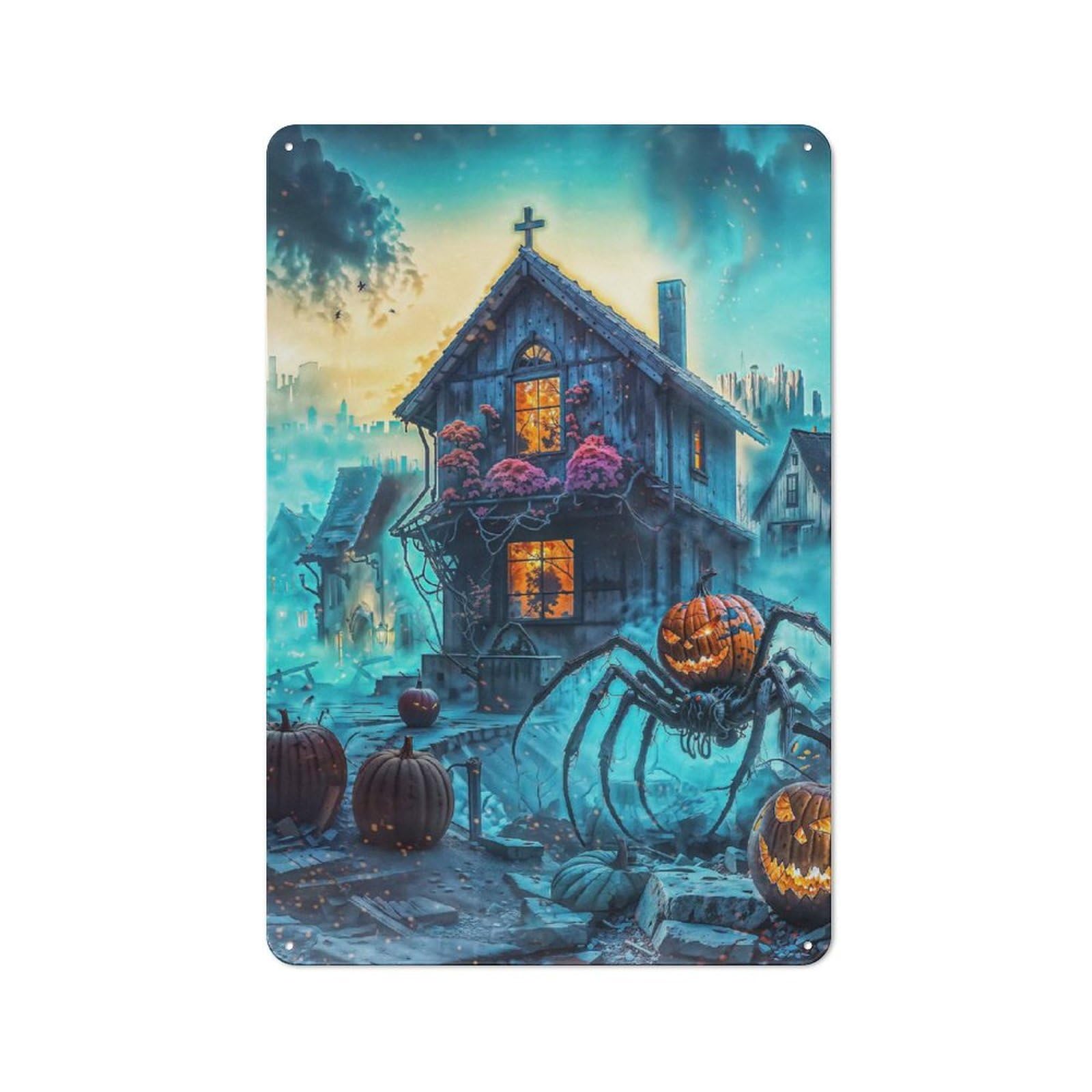 Junmoney Halloween Spider & Pumpkin Retro Tin Sign 30X20cm Featuring For Home Bar Wall, For Collectors Decorating Home Bars And Entertaining Spaces