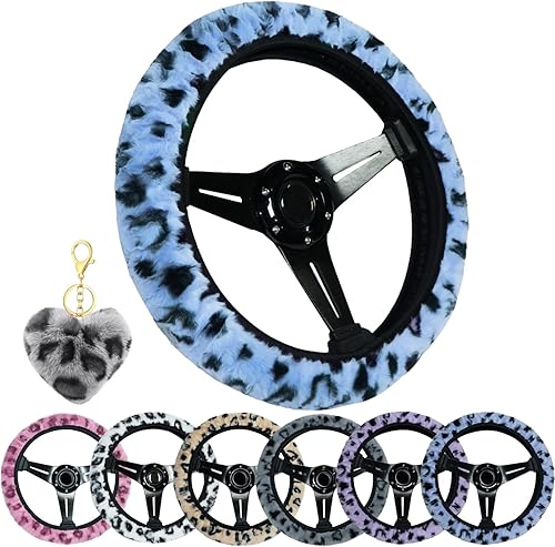 Muamos Funda de volante de leopardo con llavero, protector de volante de piel elástica y mullida, guepardo, accesorios de automóvil para mujeres y