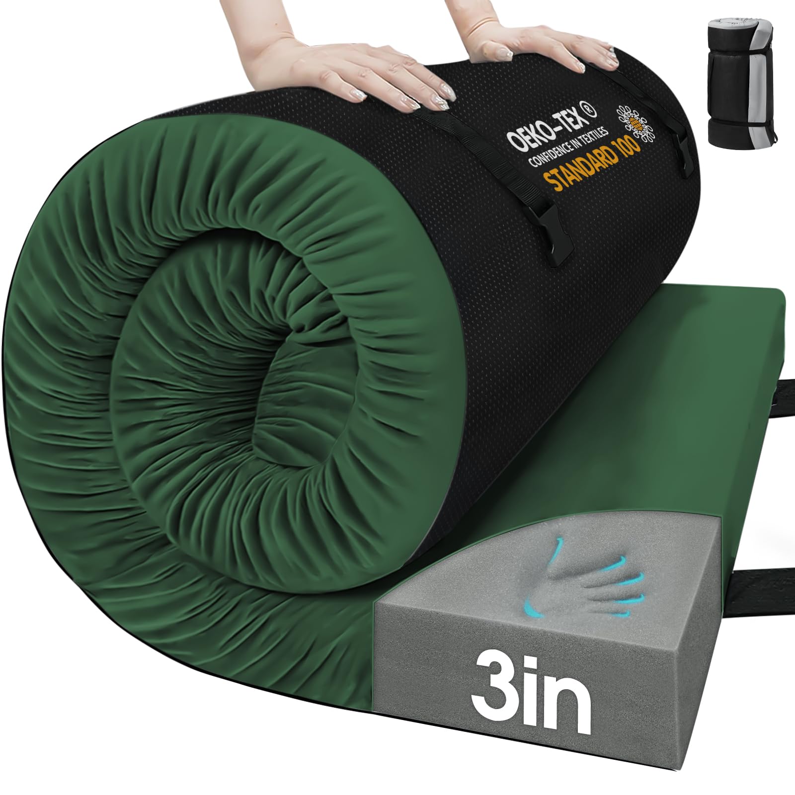 CYMULA Memory Foam Camping Mattress Pad,3inch Sleeping Pad for Camping,Non-Slip Bottom Floor Cot Mattress Bed with Retaining Portable Roll up Mattress Pad Mat for Travel Truck Guest Bed Tent Similar not exact