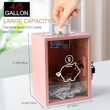 Clear Piggy Bank with Lock, Large Money Saving Jar Money Bank Box Container for Cash Saving, Openable Clear Money Coin Change Bank Jar Container Penny Piggy Jar Bank for Adults Kids, Pink