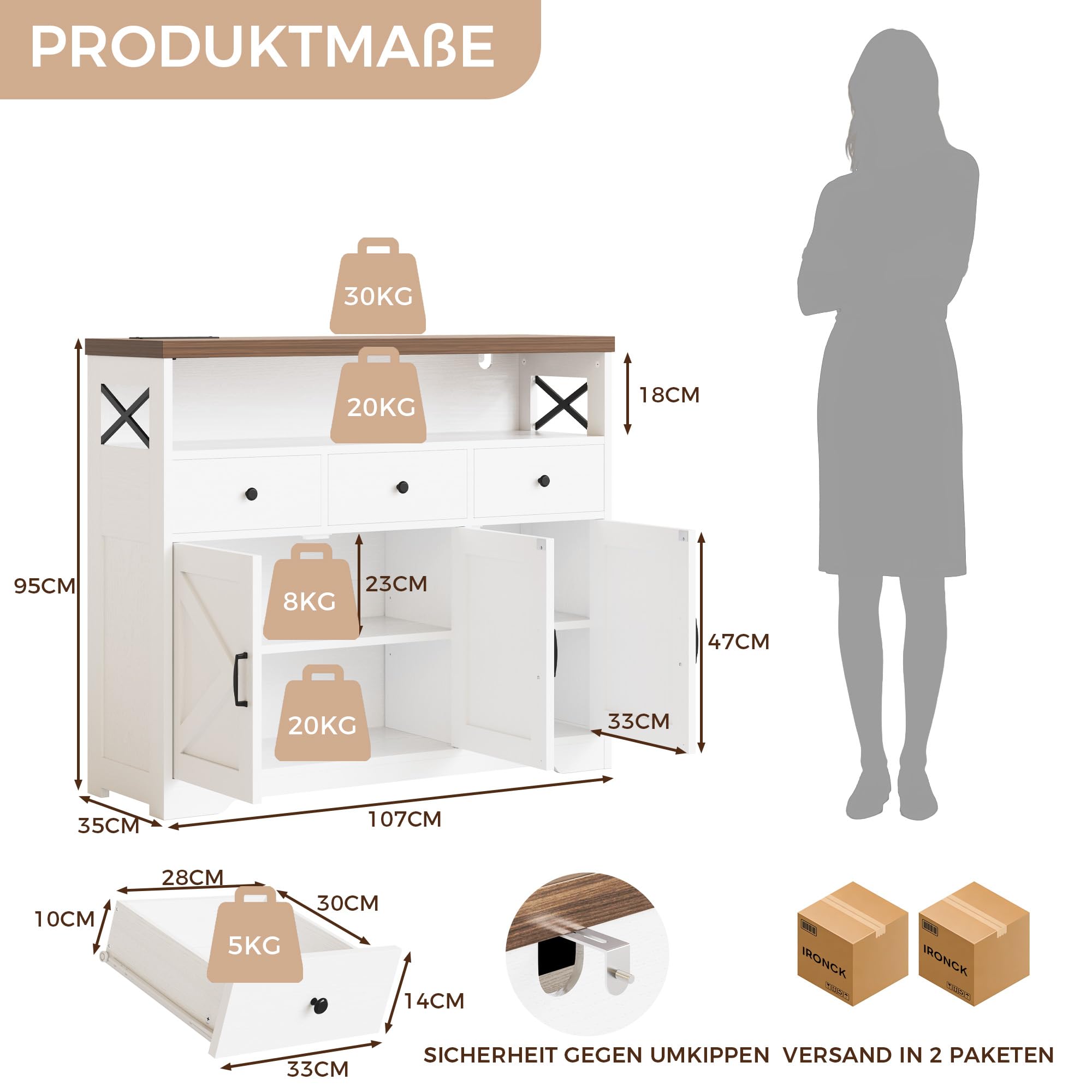 IRONCK Küchenschrank Sideboard mit Steckdose 2AC+1USB+1C, Aufbewahrungsschrank 3 Schubladen 3 Türen, Küchenbuffet Kaffeebar Schrank für Wohnzimmer Esszimmer, verstellbare Ablage 107x35x95cm (Weiß)