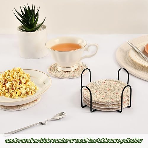 Miniatura 6 de innewgogo Teeth 6 Pcs Absorbent Drink Coasters for Tabletop Protection Handmade Round Woven Coaster with Holder & Heat Water Resistant Bulk Cup