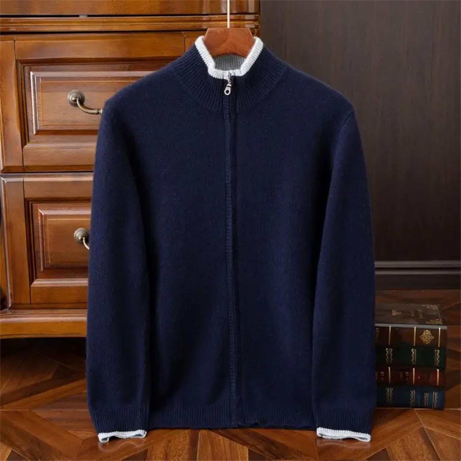 Men's Cashmere Cardigan Thick Knitted Stand up Collar Zipper Sweater Loose Plus Jumper Wool Splicing Sweater Tops