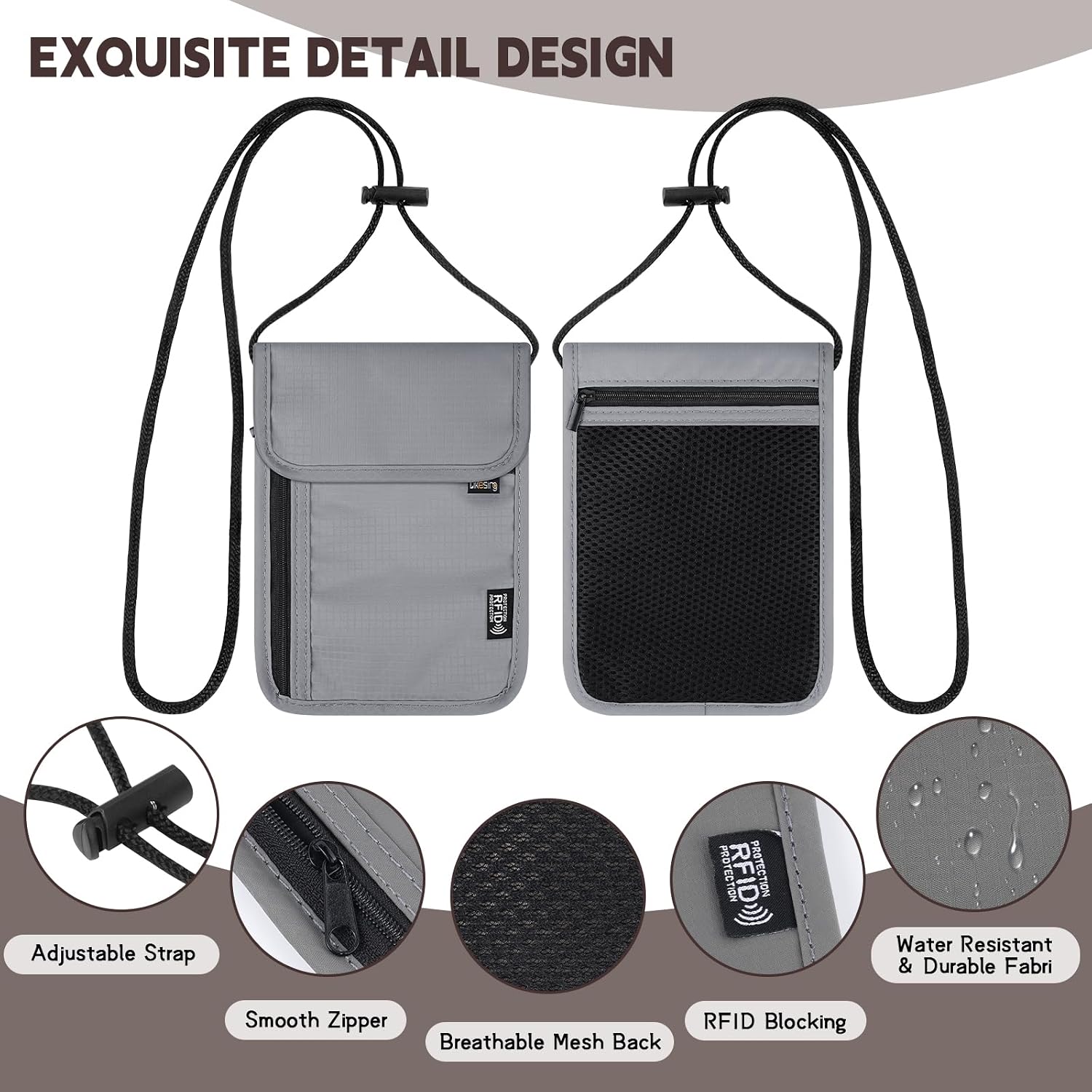 Likesing 5.5" L x 7.9" W Travel Neck Wallet, RFID Passport Pouch-Light Grey image 3