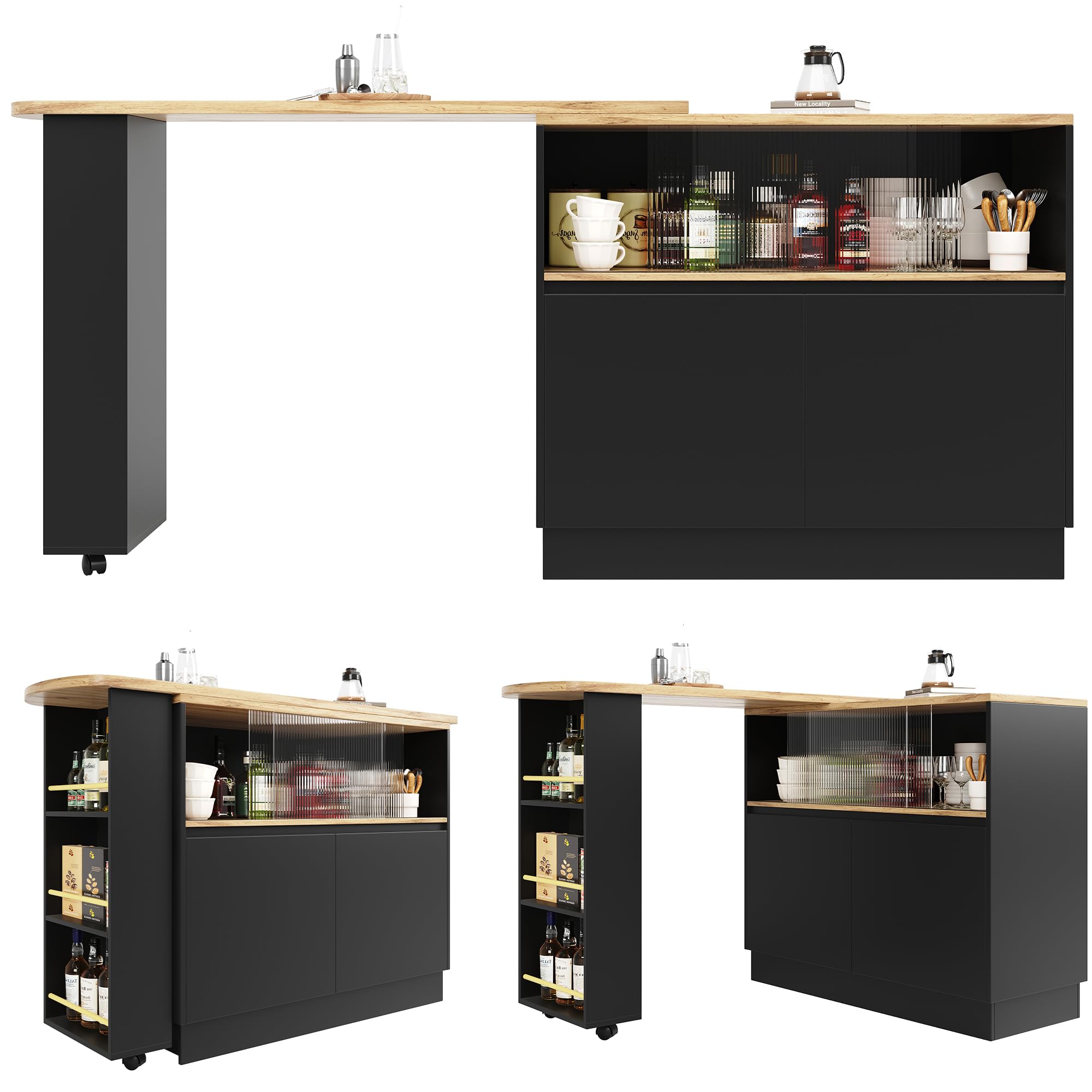 Azkoeesy Table de bar à manger rotative à 360° avec espace de rangement, 90 x 45 x 100-165 cm, avec roulettes, étagère latérale, portes coulissantes en verre, table haute, table de bistrot, table