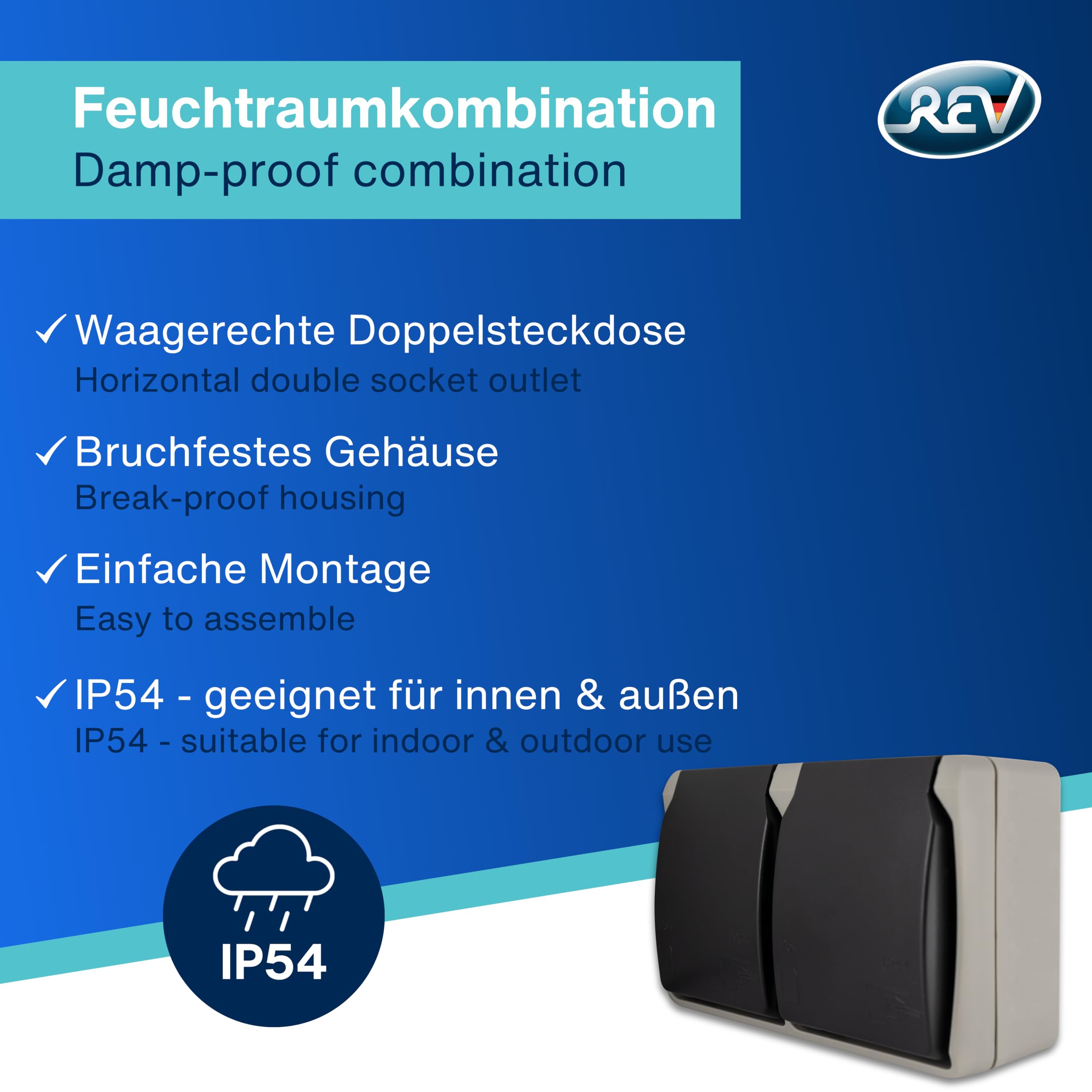 REV AquaBase SPARSET - 6x Prise de courant pour salle de bain double, 2 pôles, protégée contre les éclaboussures IP54, horizontale, en saillie, gris