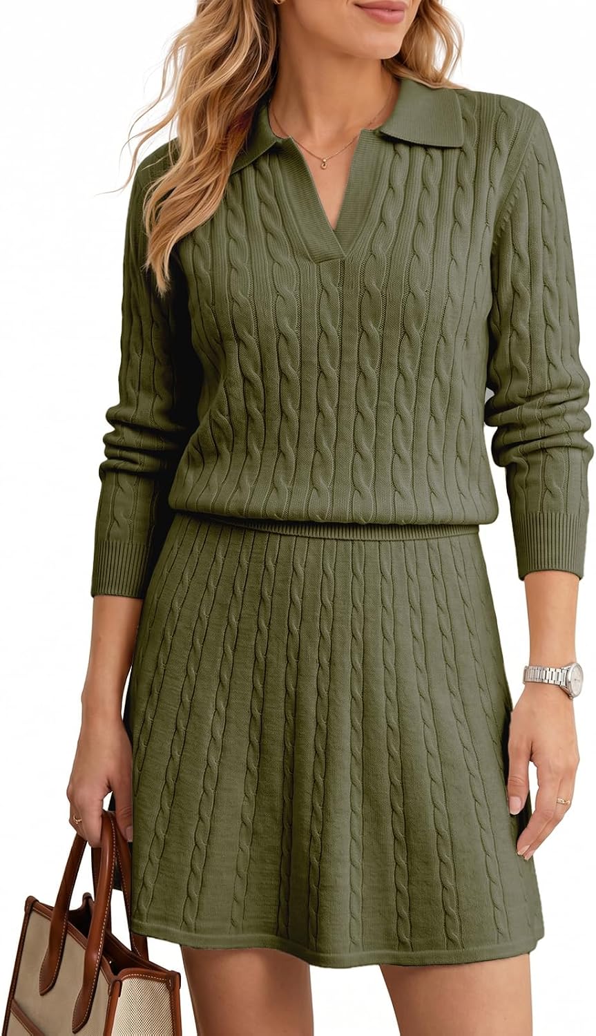 VIMPUNEC Womens 2 Piece Skirt Sets Cable Knit Mini Sweater Sets | Polo Collar, A Line Skirt, V Neckline, Long Sleeves, Stretch Knit, Work Days, Family Visits, Holiday Events, Casual Social