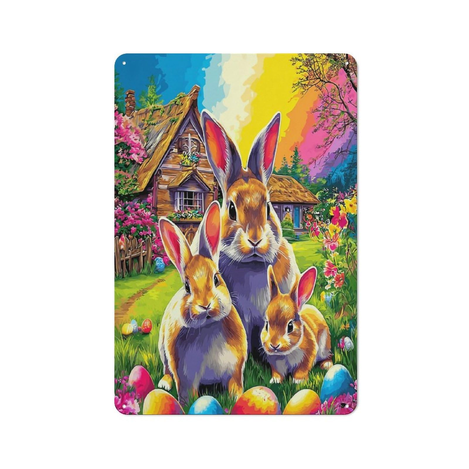 Junmoney Easter Bunny Garden Scene Retro Vintage Tin Sign 30X20cm, Cafe Wall Decor For Kitchen, Cafe, Pantry Or Dining Room