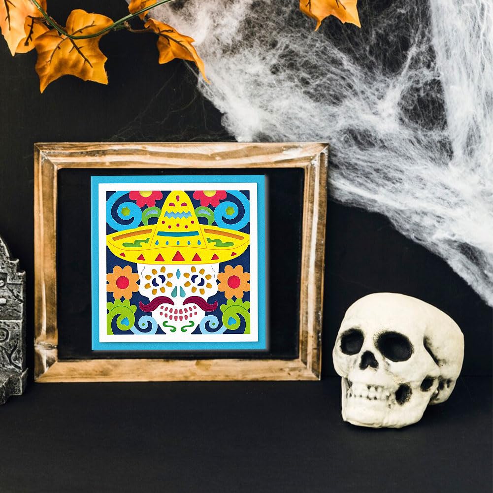 DELORIGIN Day of The Dead Skull Die Cuts for Card Making, Carbon Steel Die Cuts Skeleton Background Frame Stencils Scrapbooking Embossing Template Dies for Halloween Crafting DIY Photo Album Paper - Image 3
