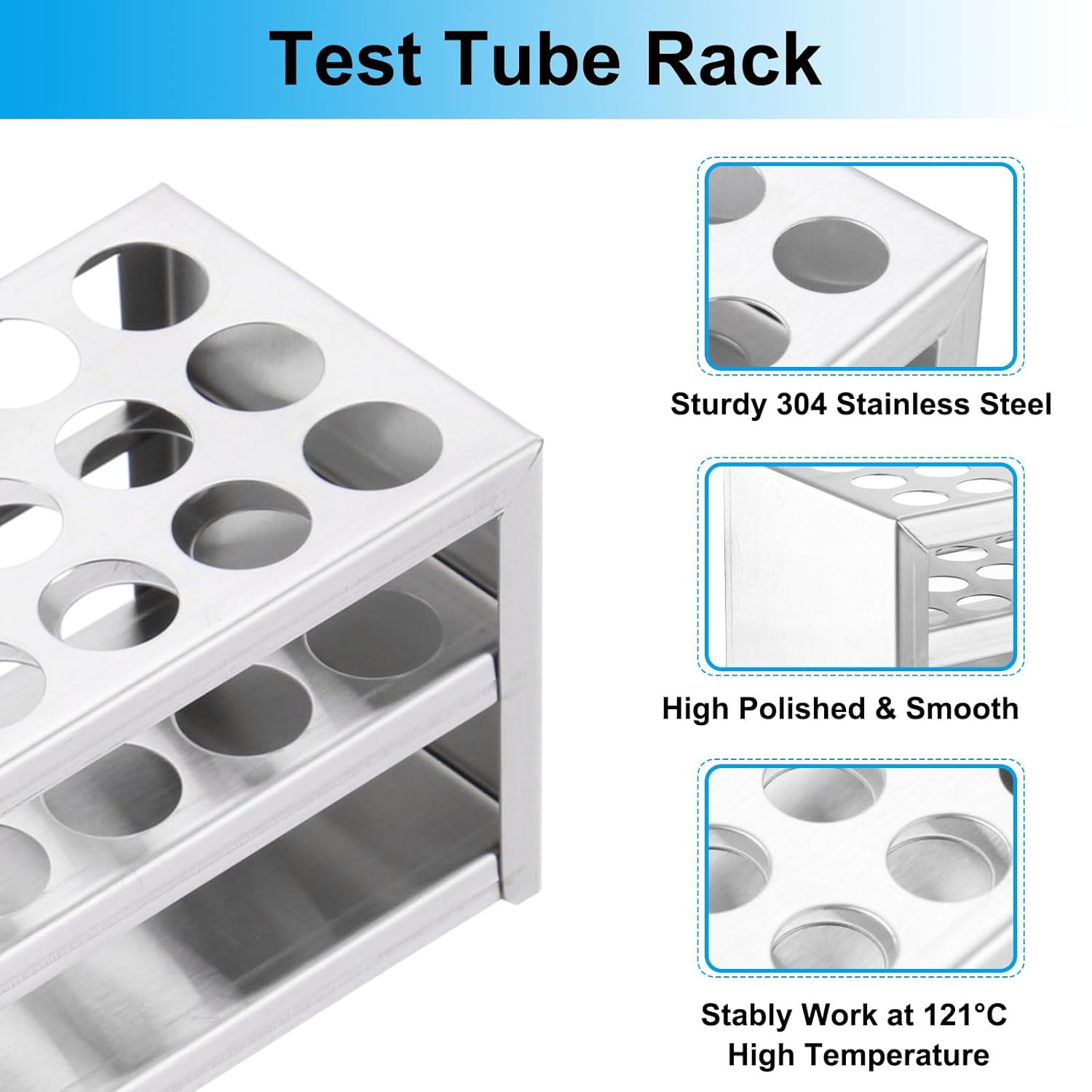 PATIKIL 30 Holes Test Tube Rack, 2Pcs 0.71"(18mm) Round Hole 304 Stainless Steel Test Tube Holder Stand Suitable for 15ml, 20ml Test Tube for Laboratory Scientific Experiments, Silver Tone