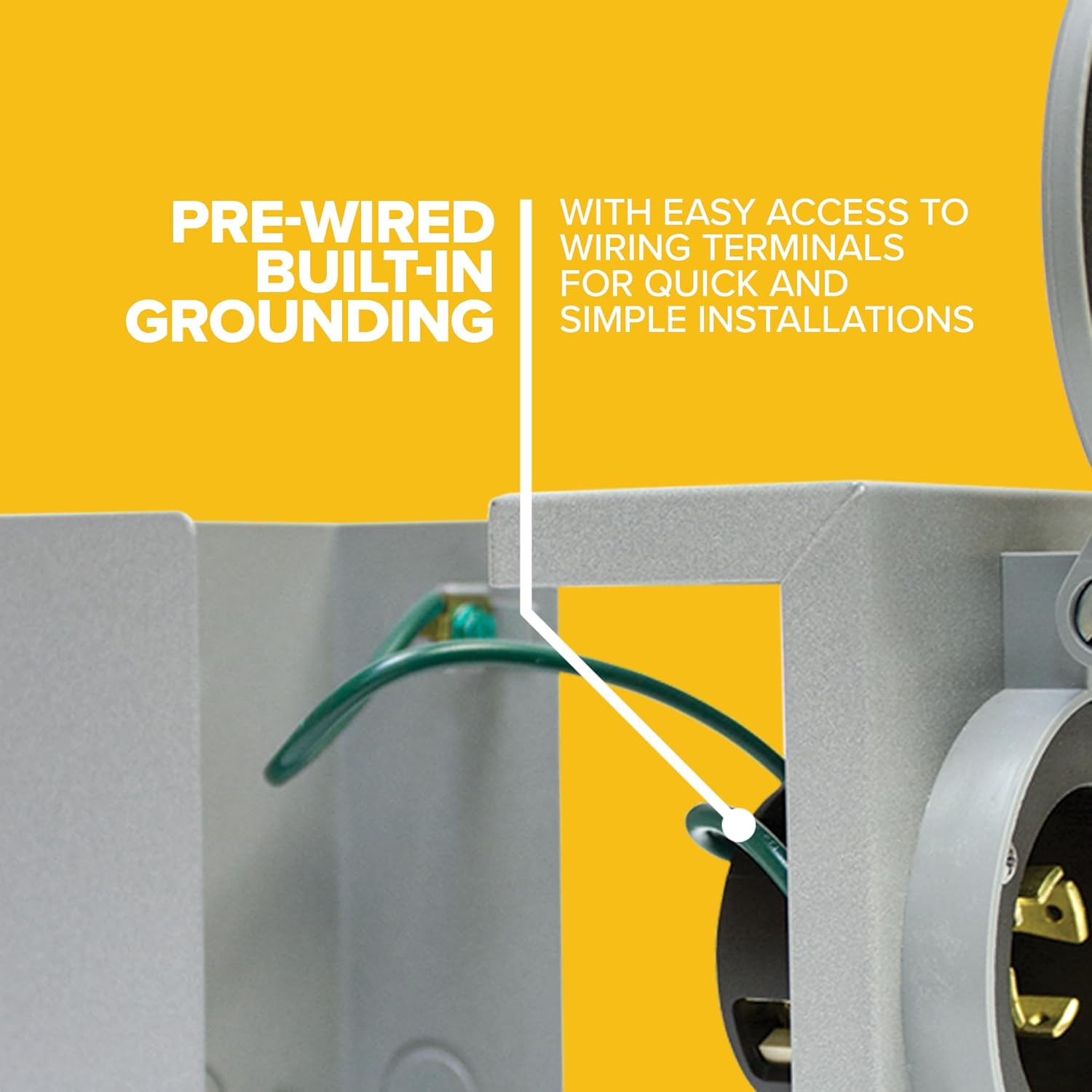 Close-up view of the pre-wired built-in grounding inside the Reliance Controls PB31 Power Inlet Box, showing wiring terminals.