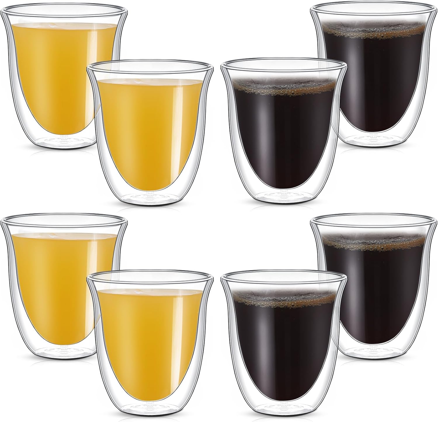 Sieral 8 Pack 8 oz Double Walled Coffee Mugs Glass Espresso Cups without Handle Clear Insulated Demitasse Cups for Cappuccino Tea Latte Beverages