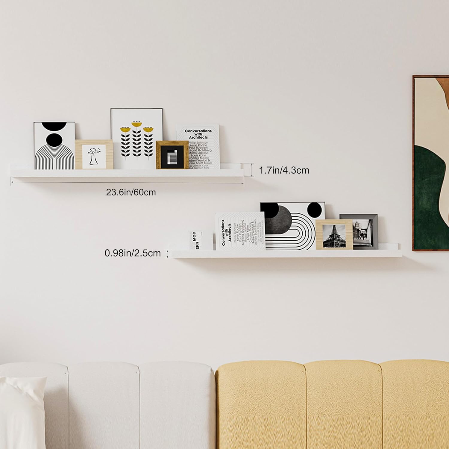 24 Inch White Floating Shelves with Lip, Wall Mounted Picture Ledge, Versatile Wood Wall Shelf for Kitchen Bathroom Living Room, Display Shelf for Photos Books Spice, Set of 2