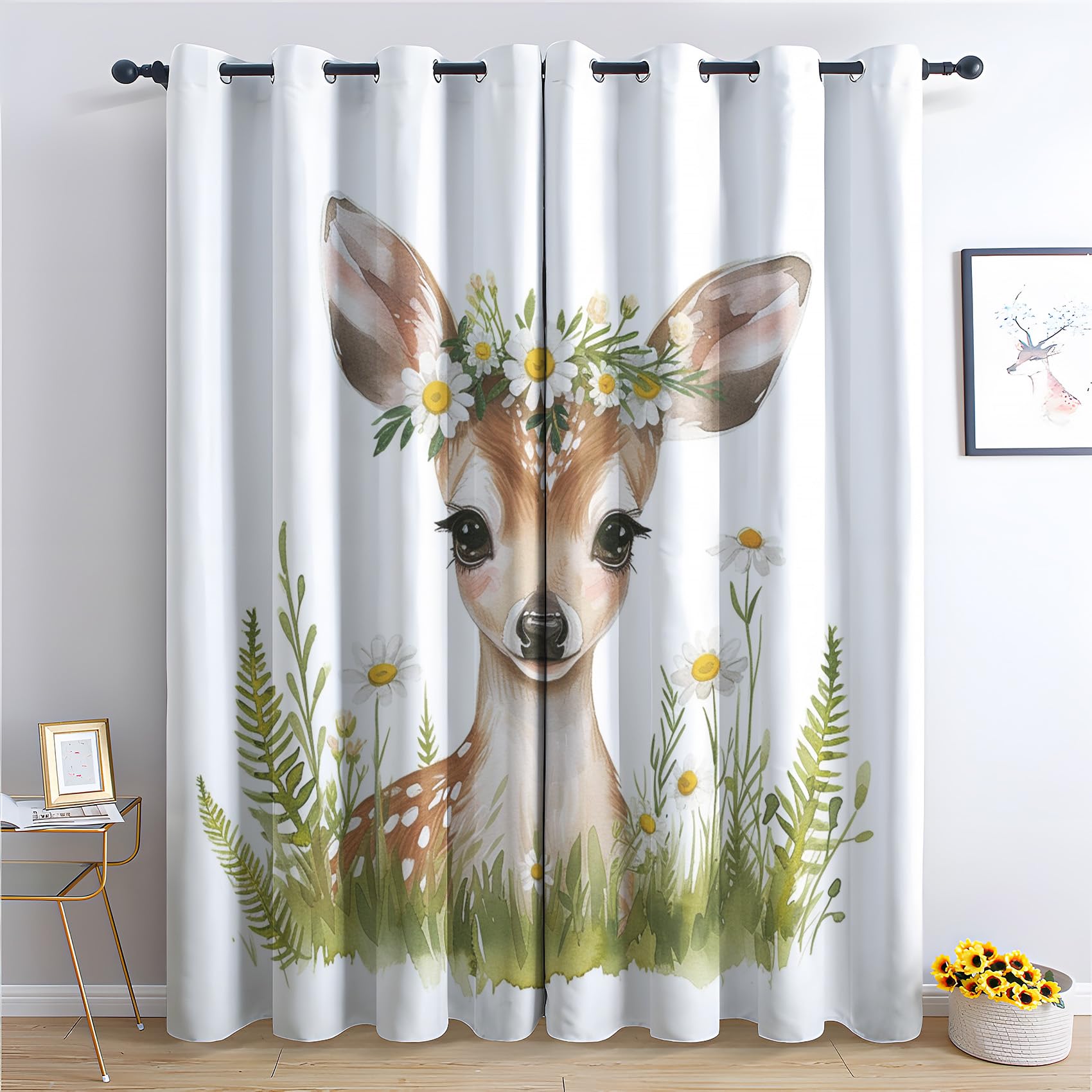 DlaQoryx Cute Sika Deer Blackout Curtain, Deer Daisy Floral Botanical Eyelet Curtains, Living Room Bedroom Decor Thermal Window Curtains & Drapes 55 x 69 Inch Drop 2 Panels
