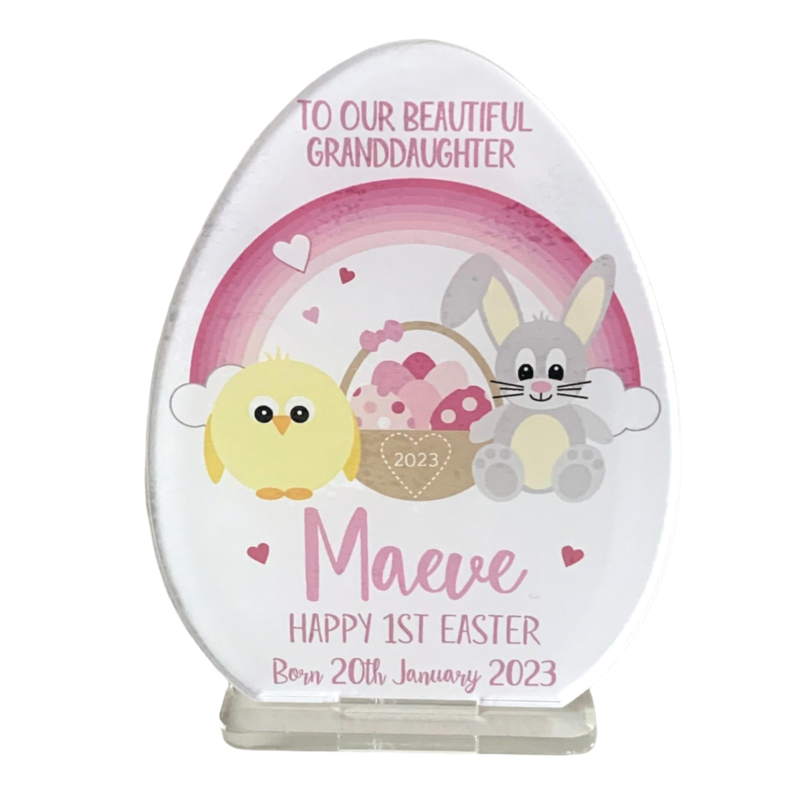 Personalised First Easter Egg Decoration Plaque Pink Bunny Chick Gift