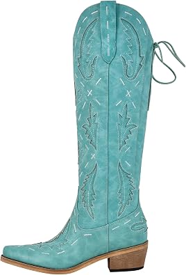 LISHAN Womens Western Boots Back Lace Up Side Zipper Knee High Cowboy Cowgirl Boots