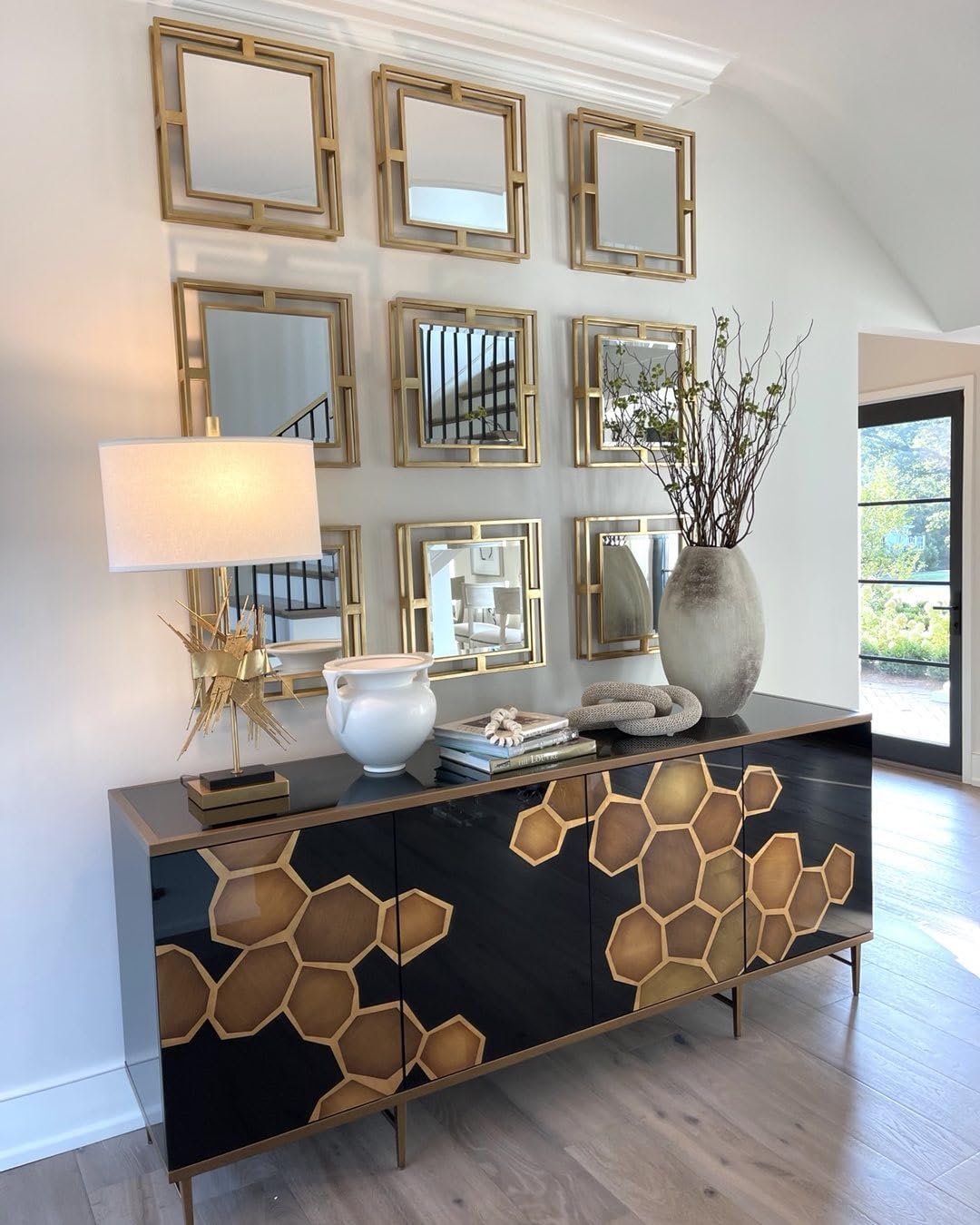 MY SWANKY HOME Contempoary Wall Mirror Square Set Gold Open Group Retro Tile 18 in x 18 in